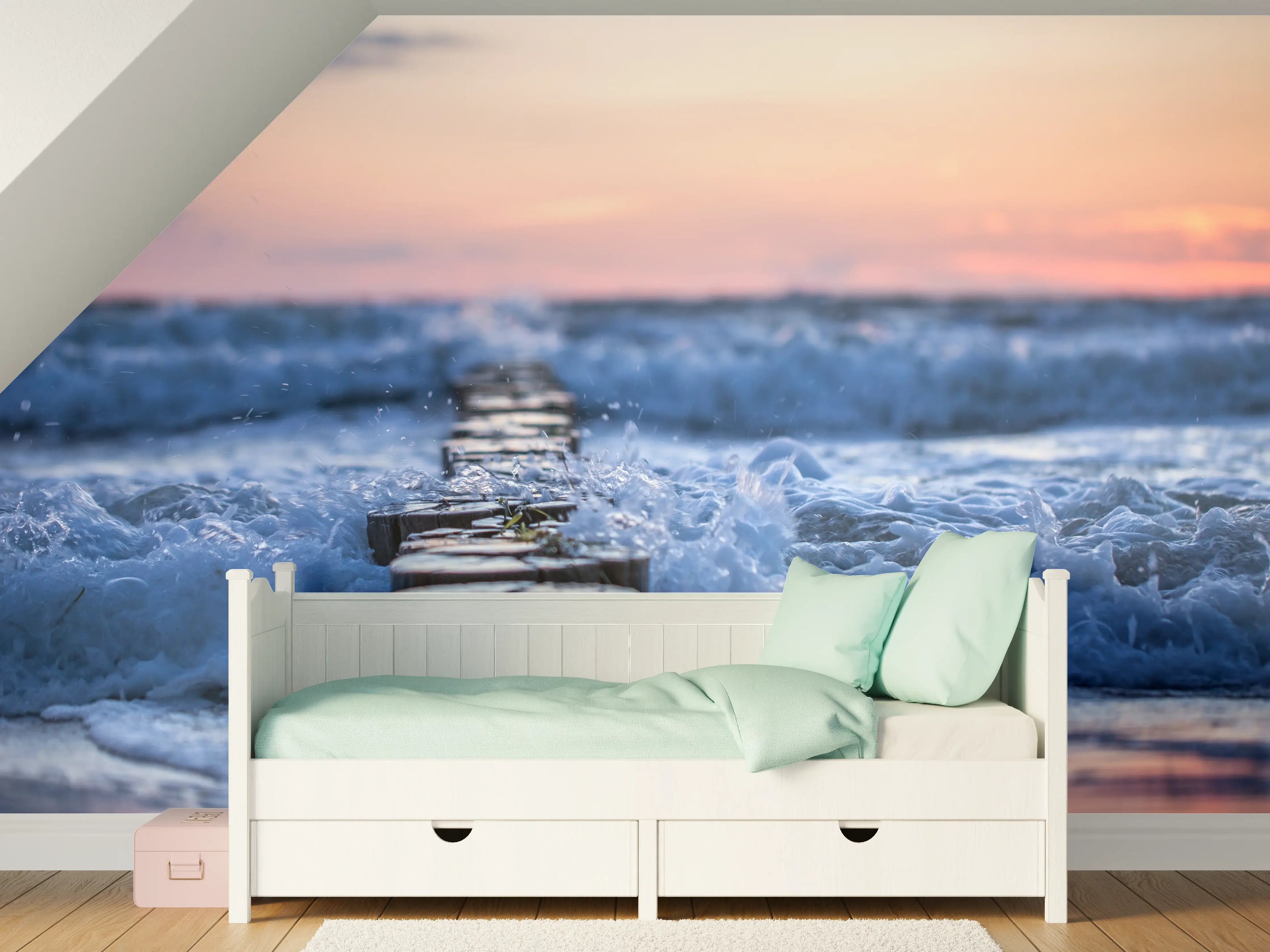 Kinderzimmer Wandgestaltung - Stimmungsvoller Sonnenuntergang über graublauem Meer