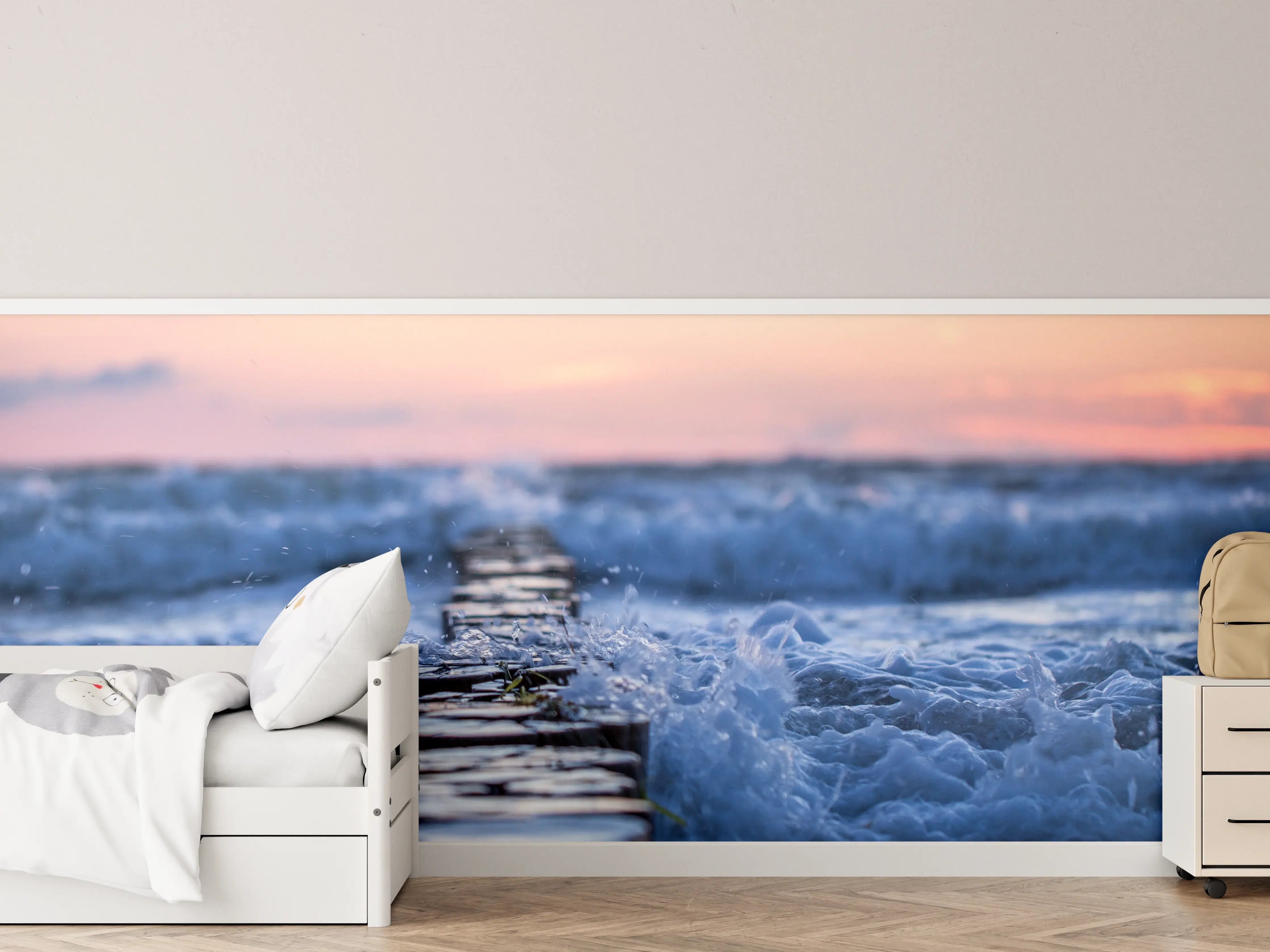 Kinderzimmer Wandgestaltung - Stimmungsvoller Sonnenuntergang über graublauem Meer