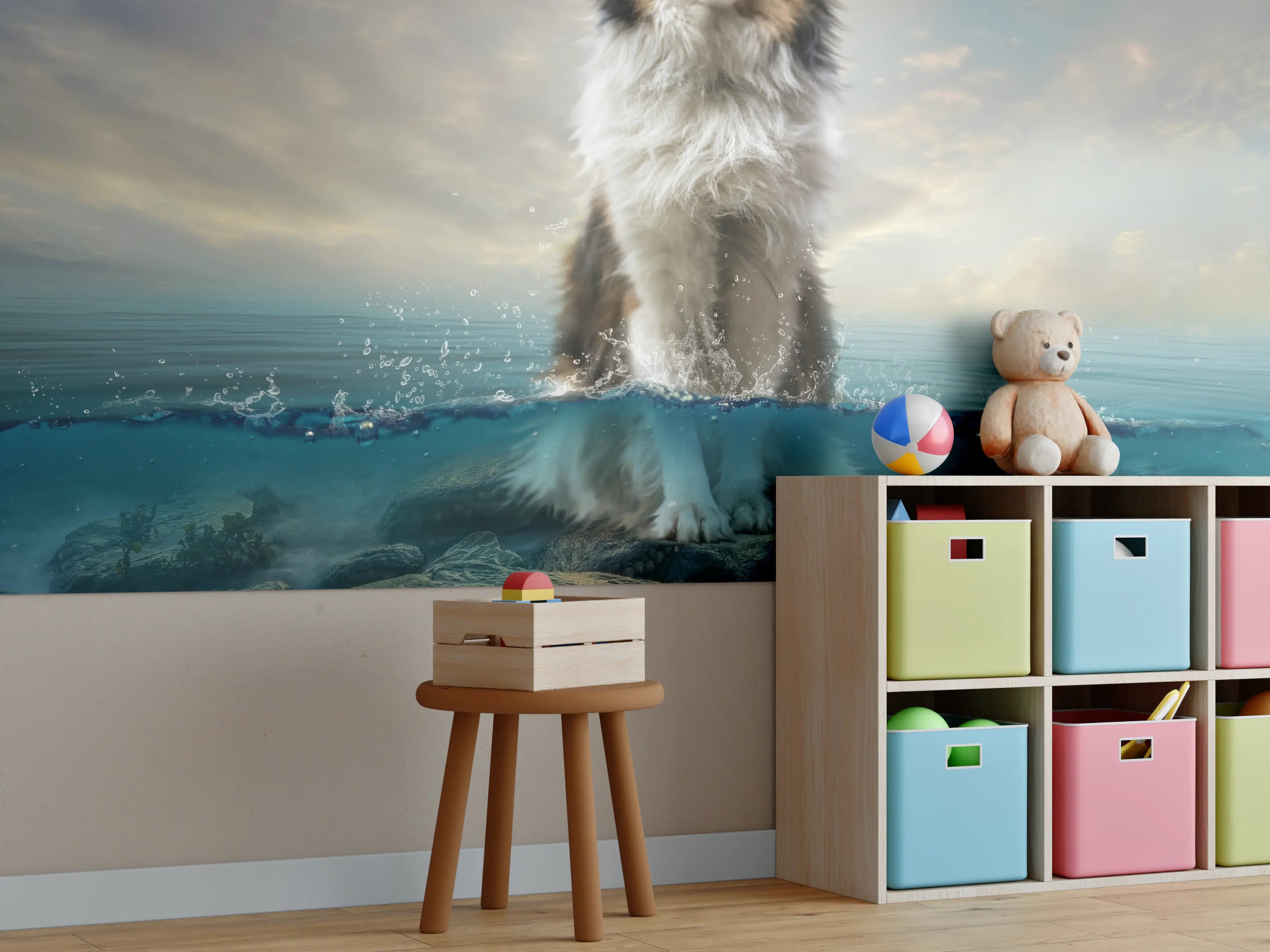 Kinderzimmer Wandgestaltung - Stolzer Shetland-Schäferhund im Wasser