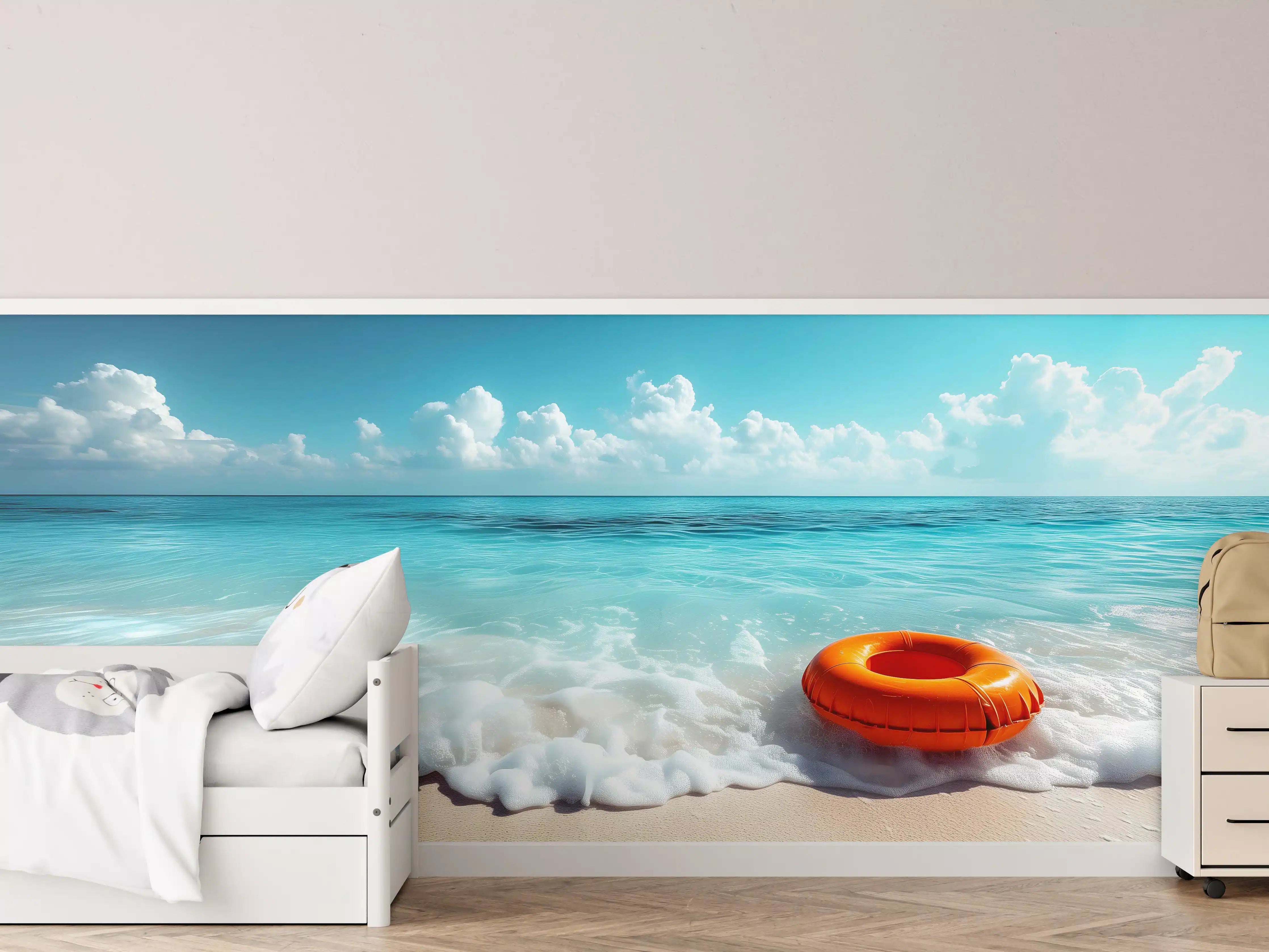 Kinderzimmer Wandgestaltung - Strand mit orangefarbener Schwimmringe