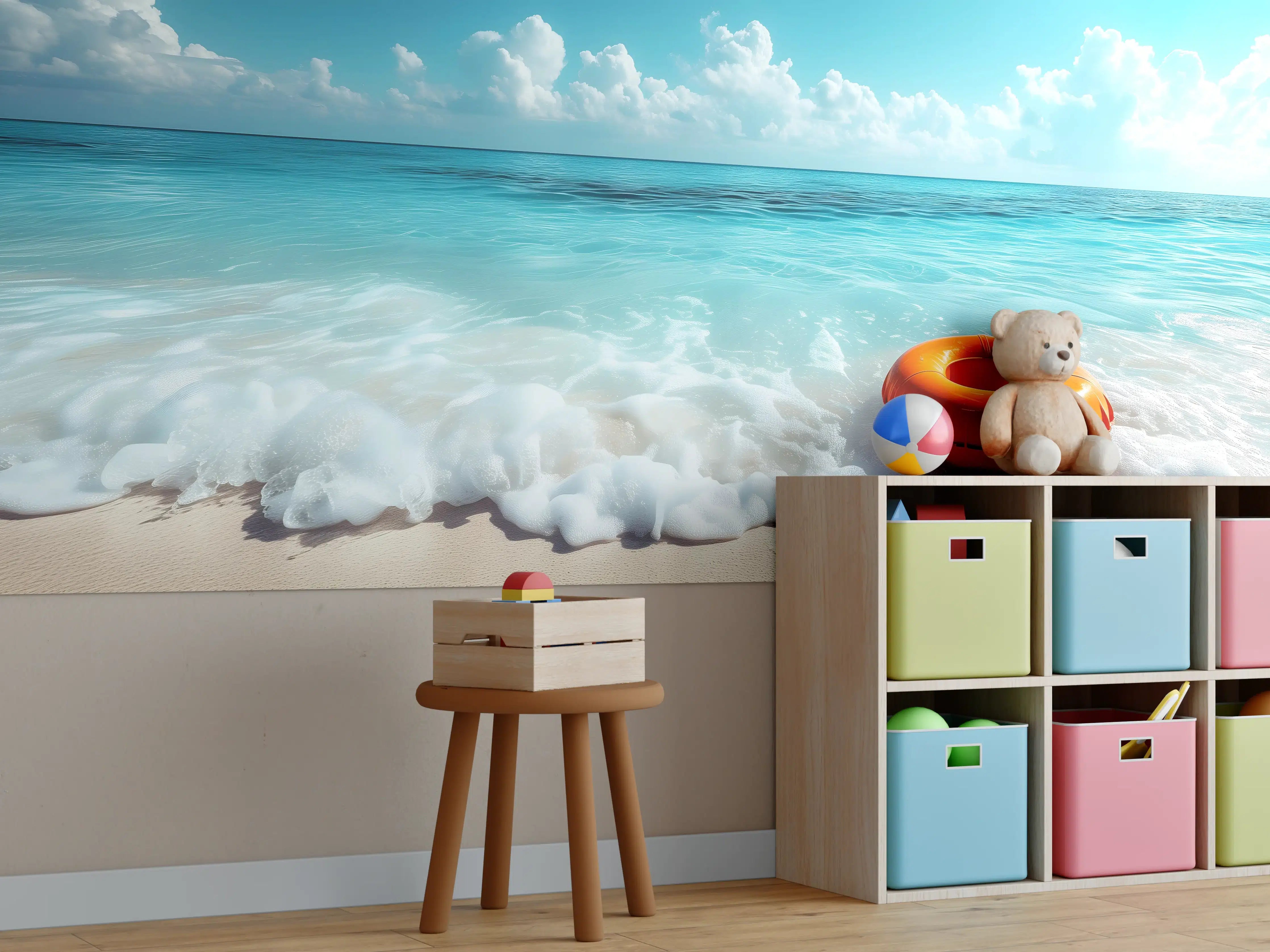 Kinderzimmer Wandgestaltung - Strand mit orangefarbener Schwimmringe
