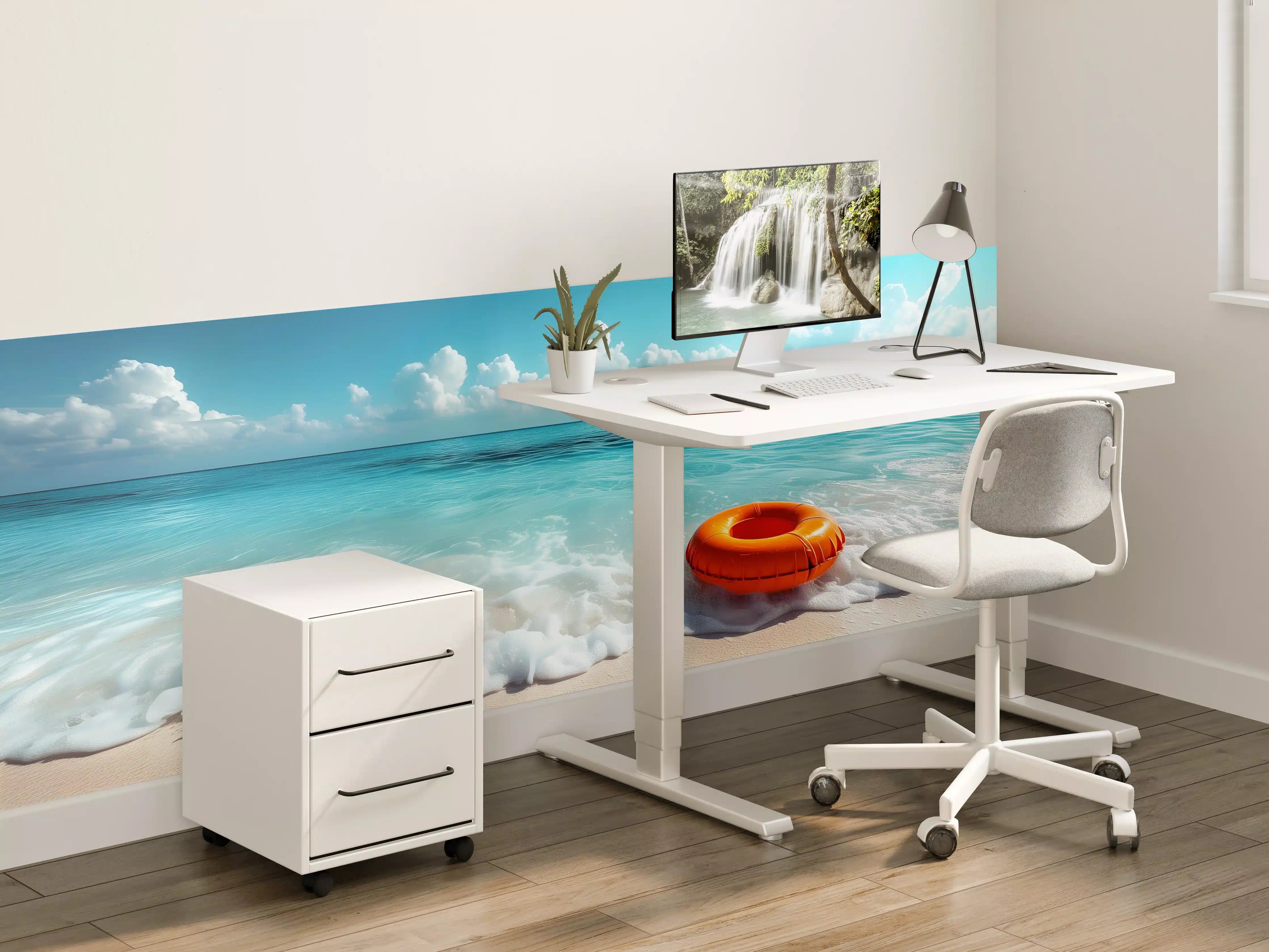 Kinderzimmer Wandgestaltung - Strand mit orangefarbener Schwimmringe