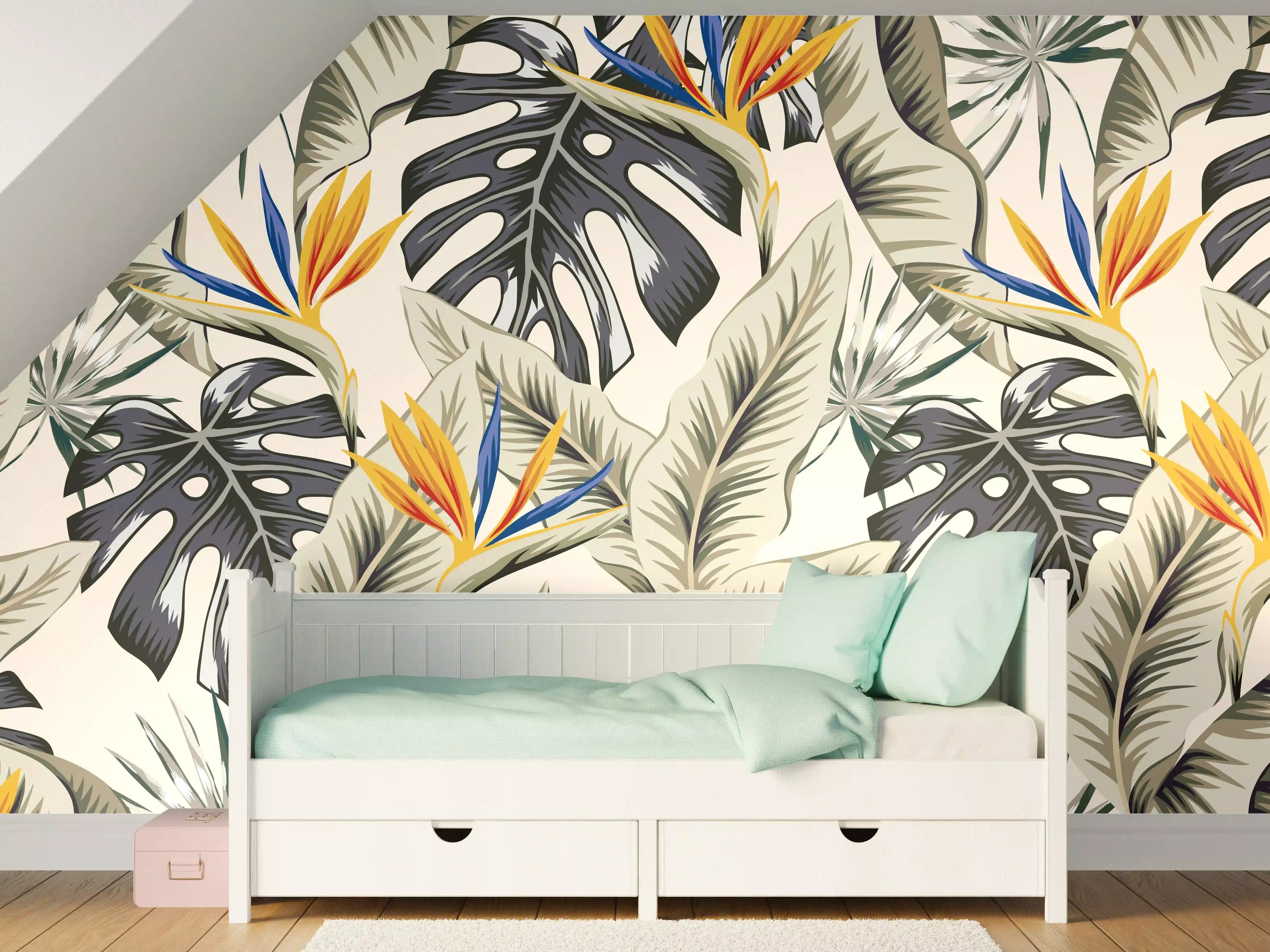 Kinderzimmer Wandgestaltung - Strelitzia Tropenblätter Beige-Orange