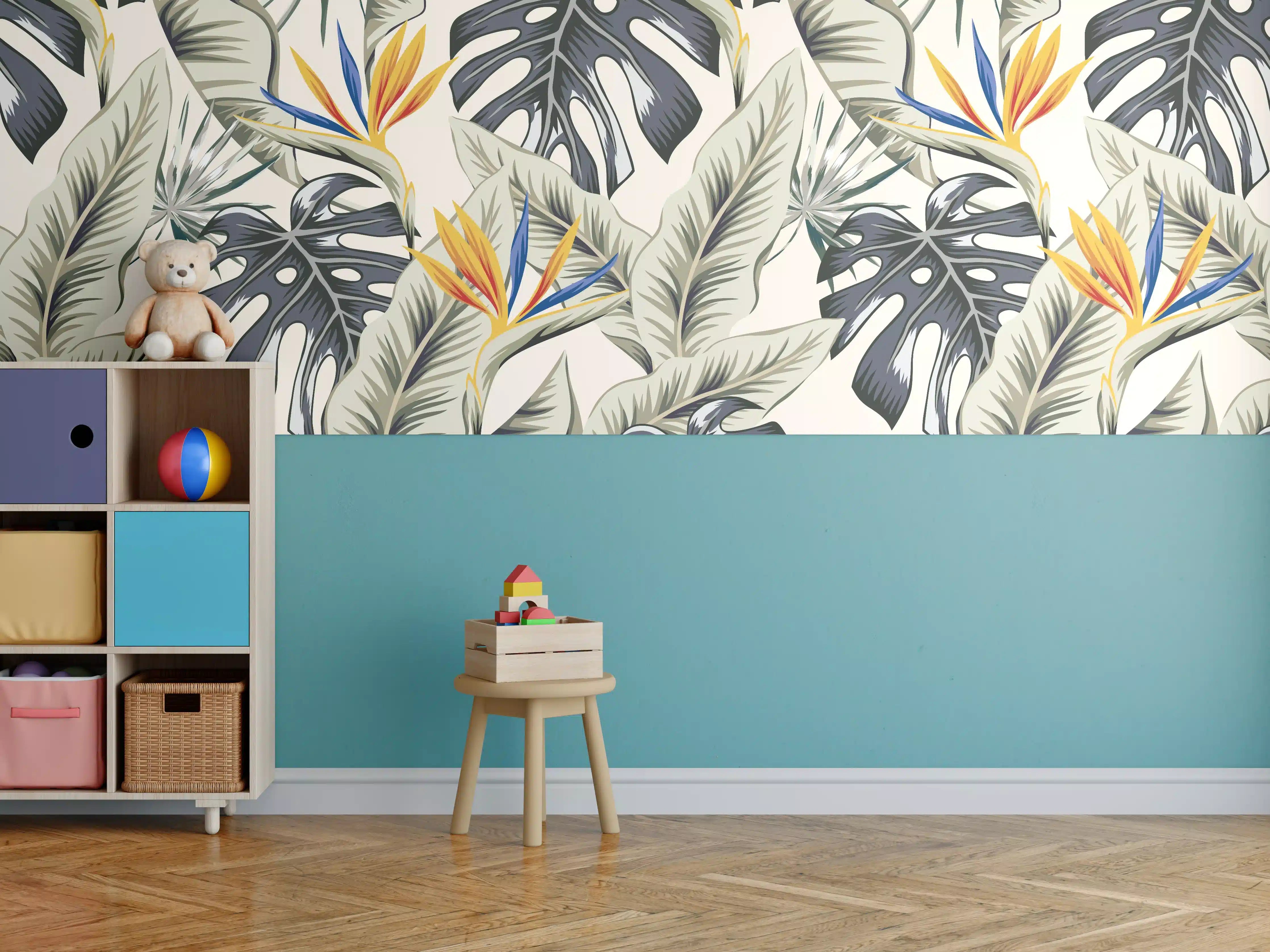 Kinderzimmer Wandgestaltung - Strelitzia Tropenblätter Beige-Orange