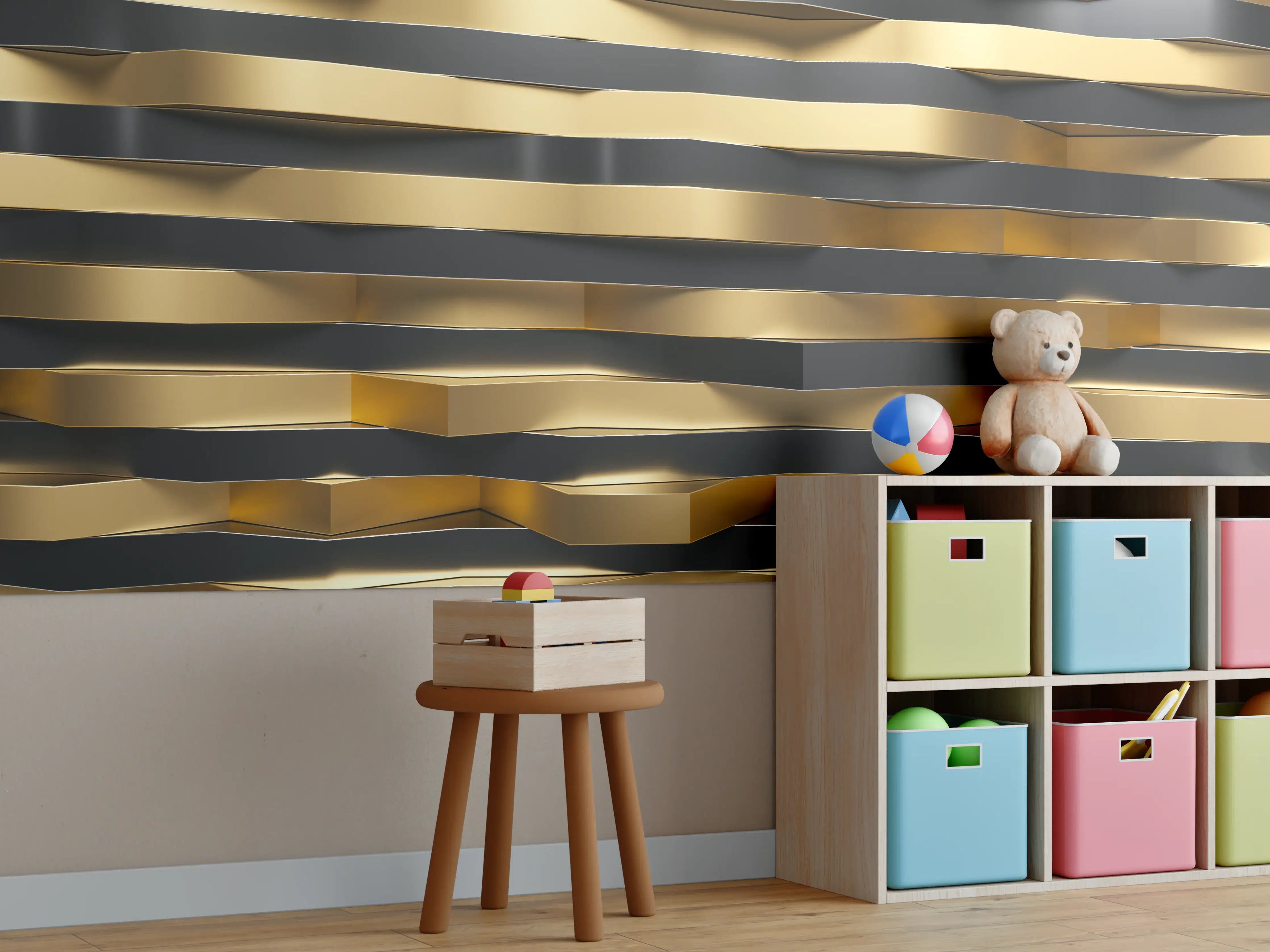 Kinderzimmer Wandgestaltung - Strukturiertes Wanddesign in Gold und Schwarz