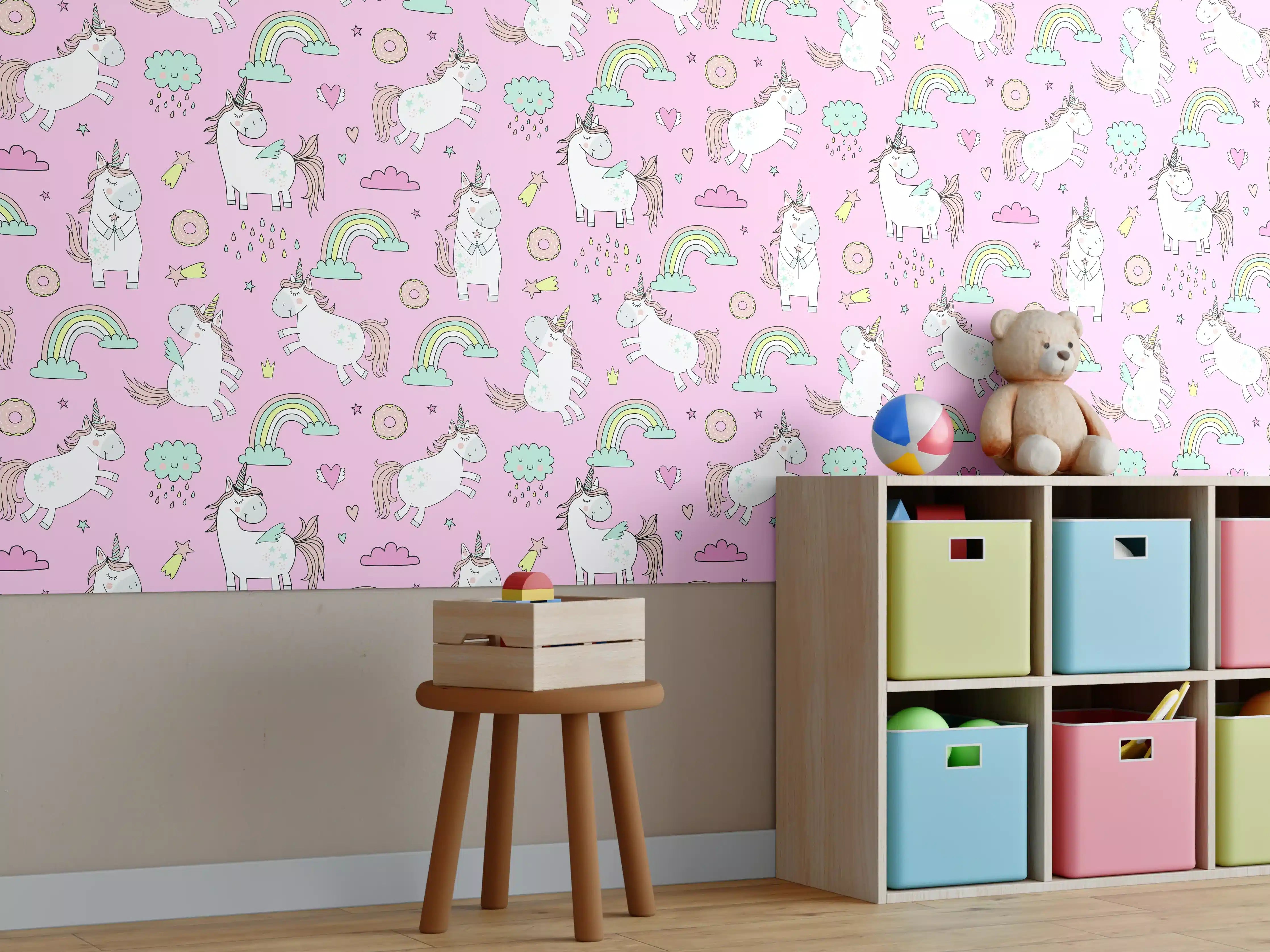 Kinderzimmer Wandgestaltung - Süße Einhorn-Welt mit Regenbögen