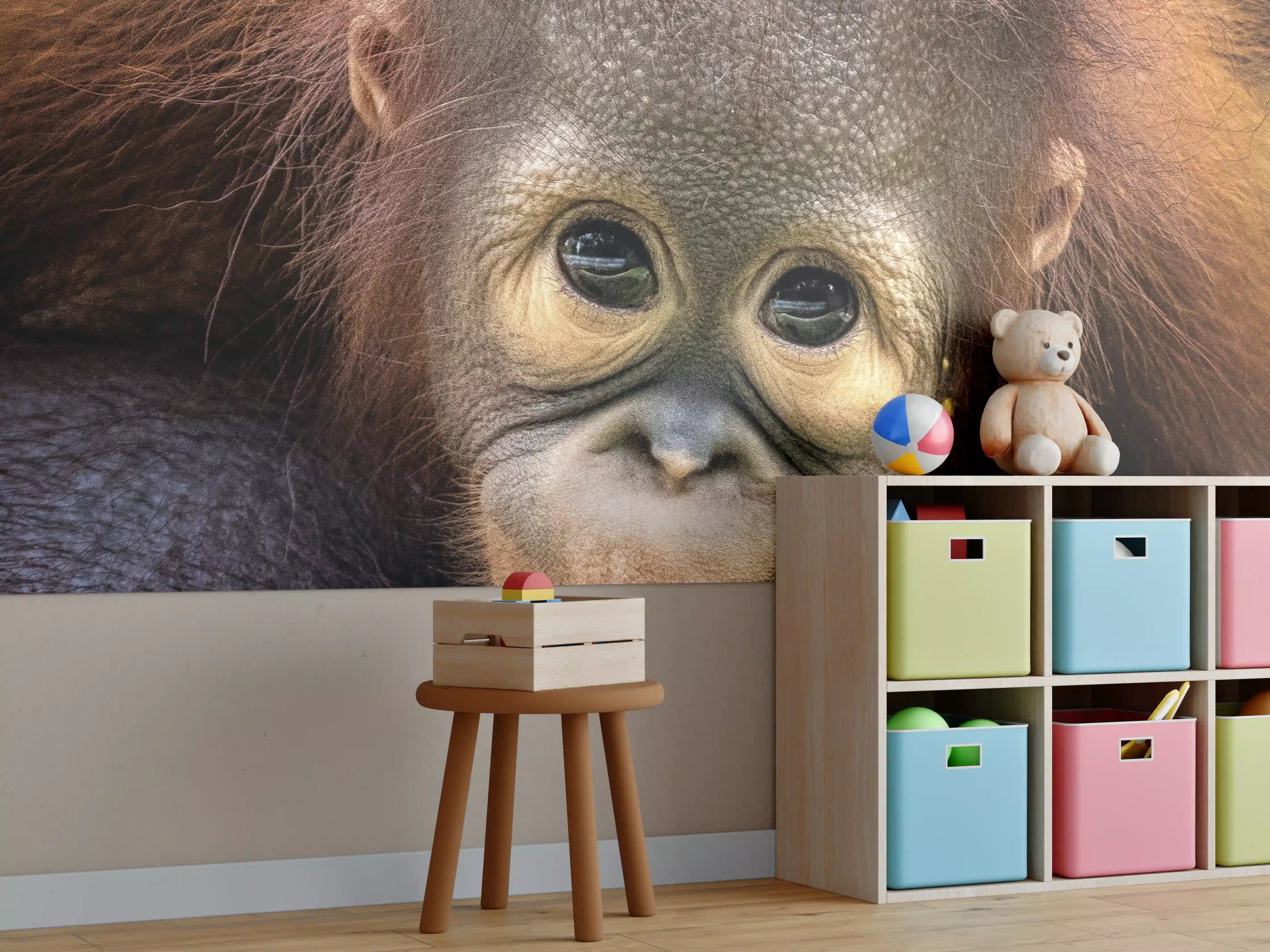 Kinderzimmer Wandgestaltung - Süßer Affenjunges mit neugierigem Blick