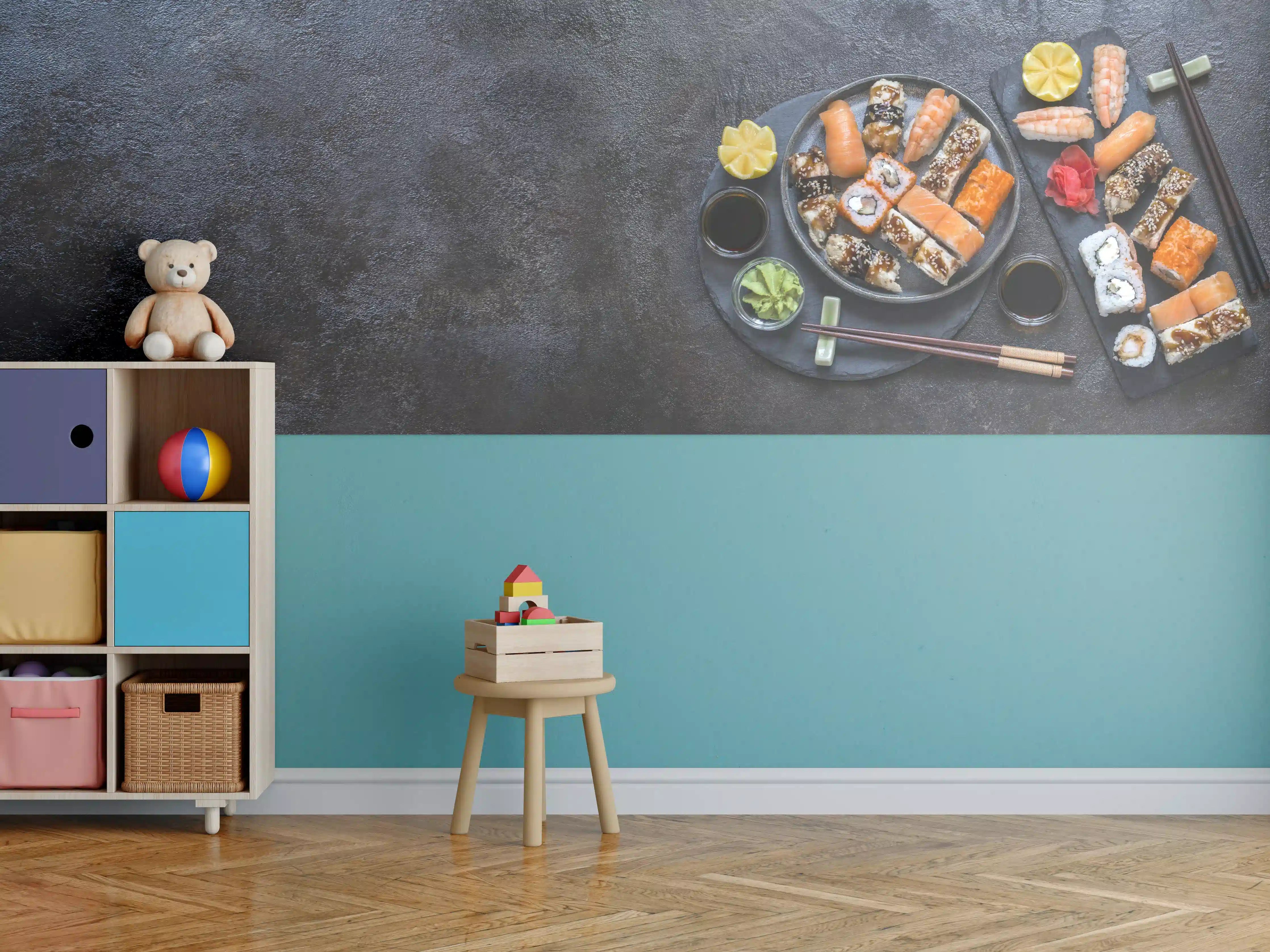 Kinderzimmer Wandgestaltung - Sushi-Platte Schwarz-Orange
