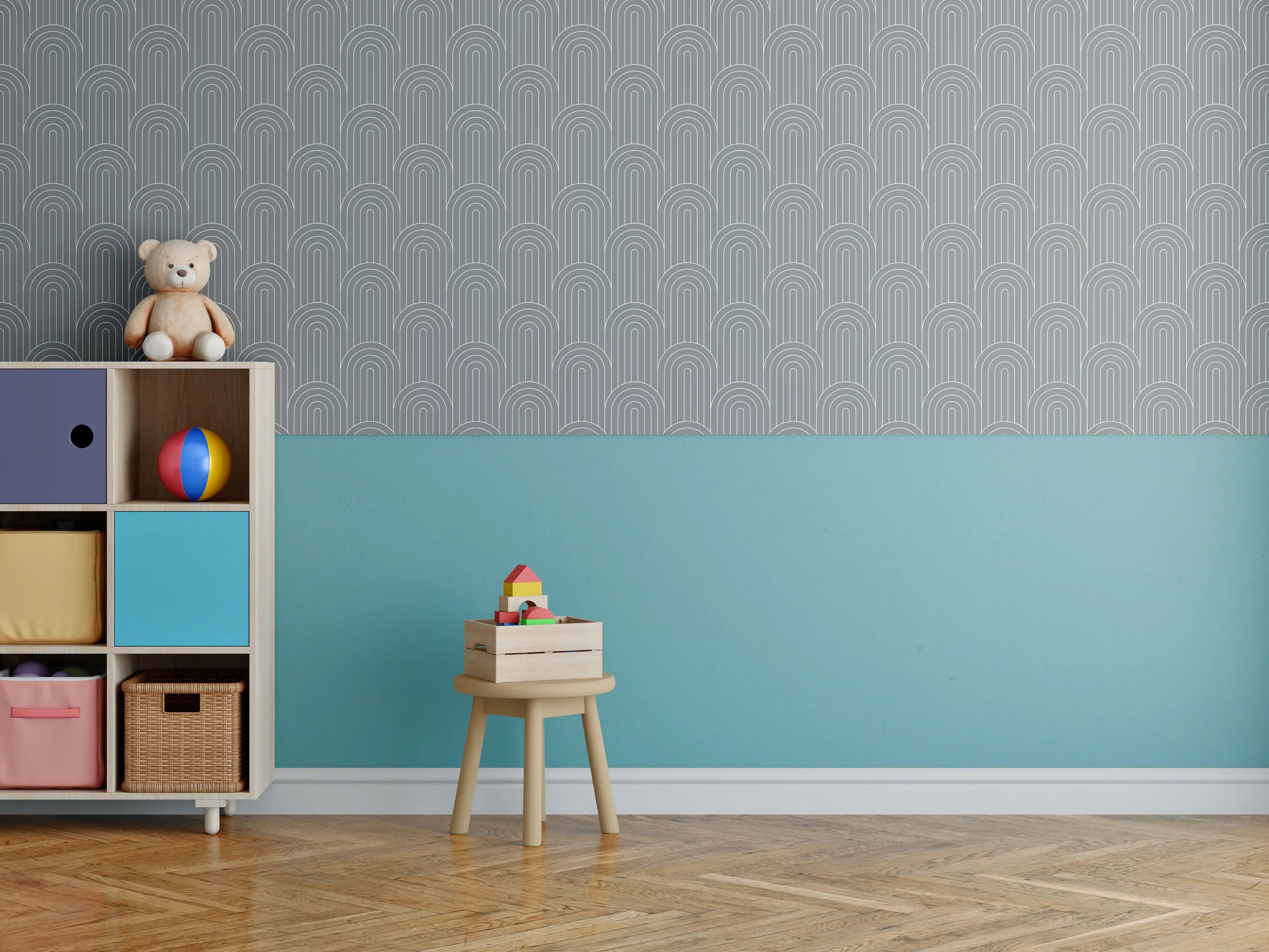 Kinderzimmer Wandgestaltung - Symmetrische Arcaden mit Piombo-Farbenspiel