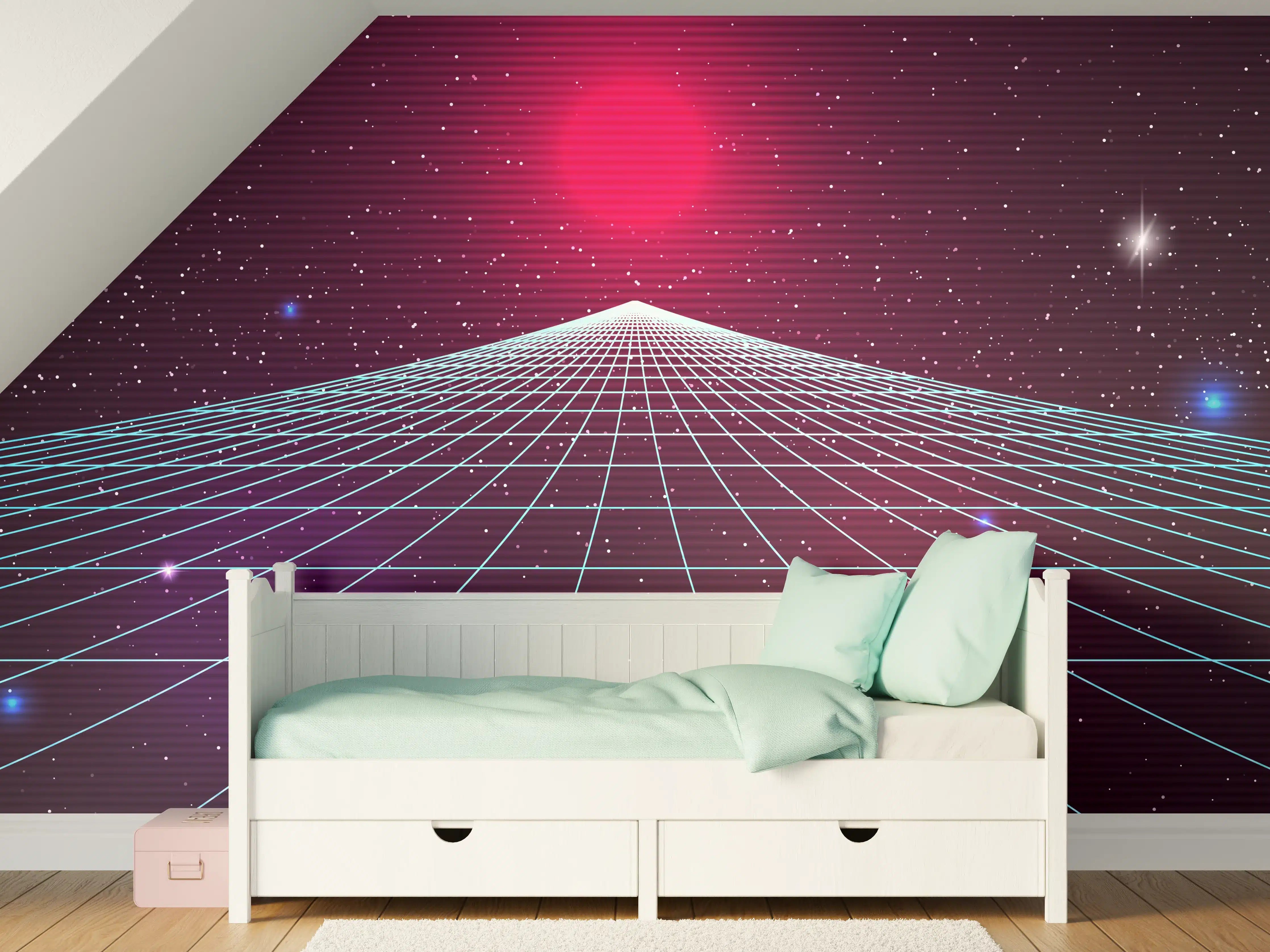 Kinderzimmer Wandgestaltung - Synthwave Sonnenuntergang Retro