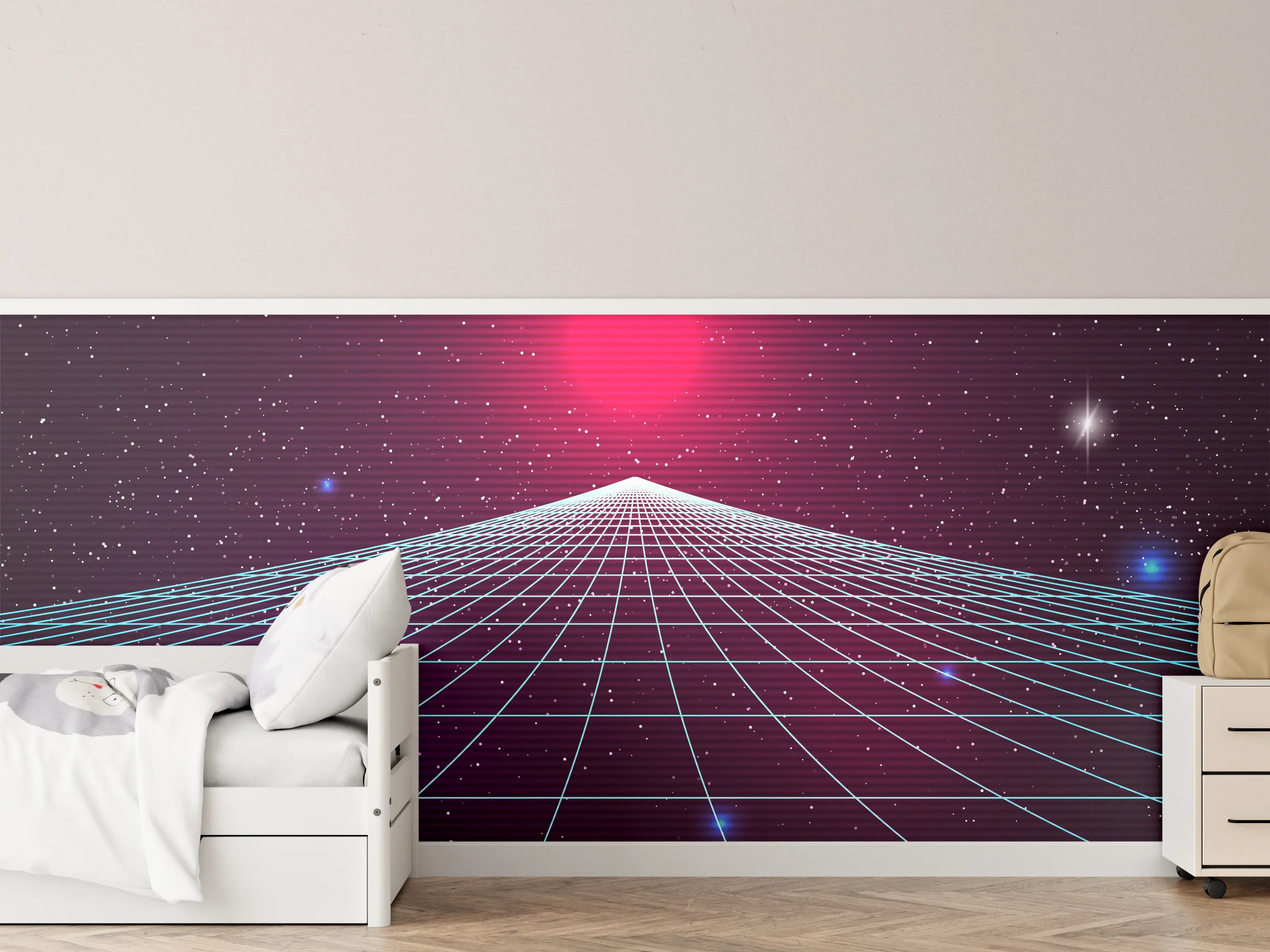 Kinderzimmer Wandgestaltung - Synthwave Sonnenuntergang Retro
