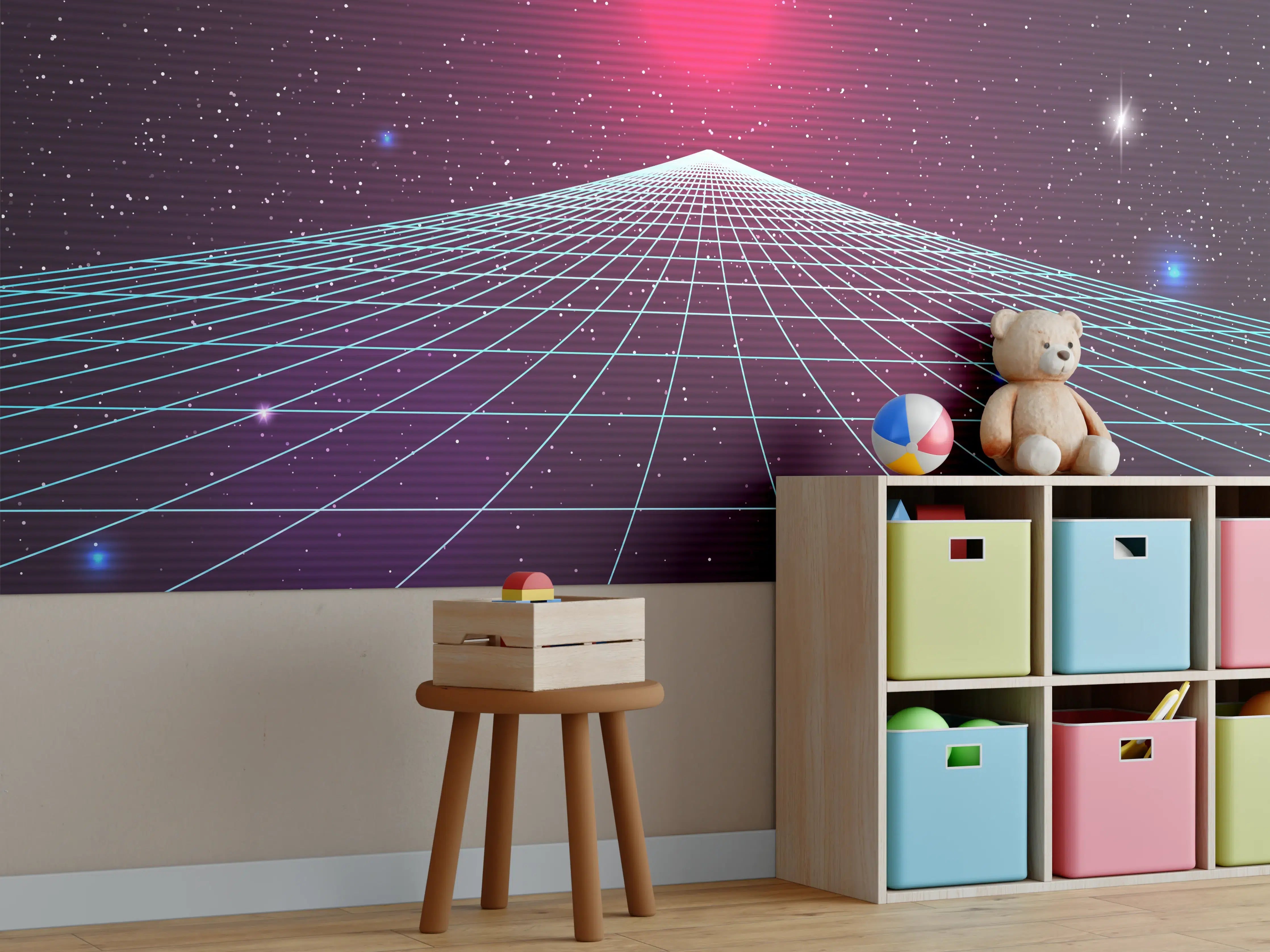 Kinderzimmer Wandgestaltung - Synthwave Sonnenuntergang Retro