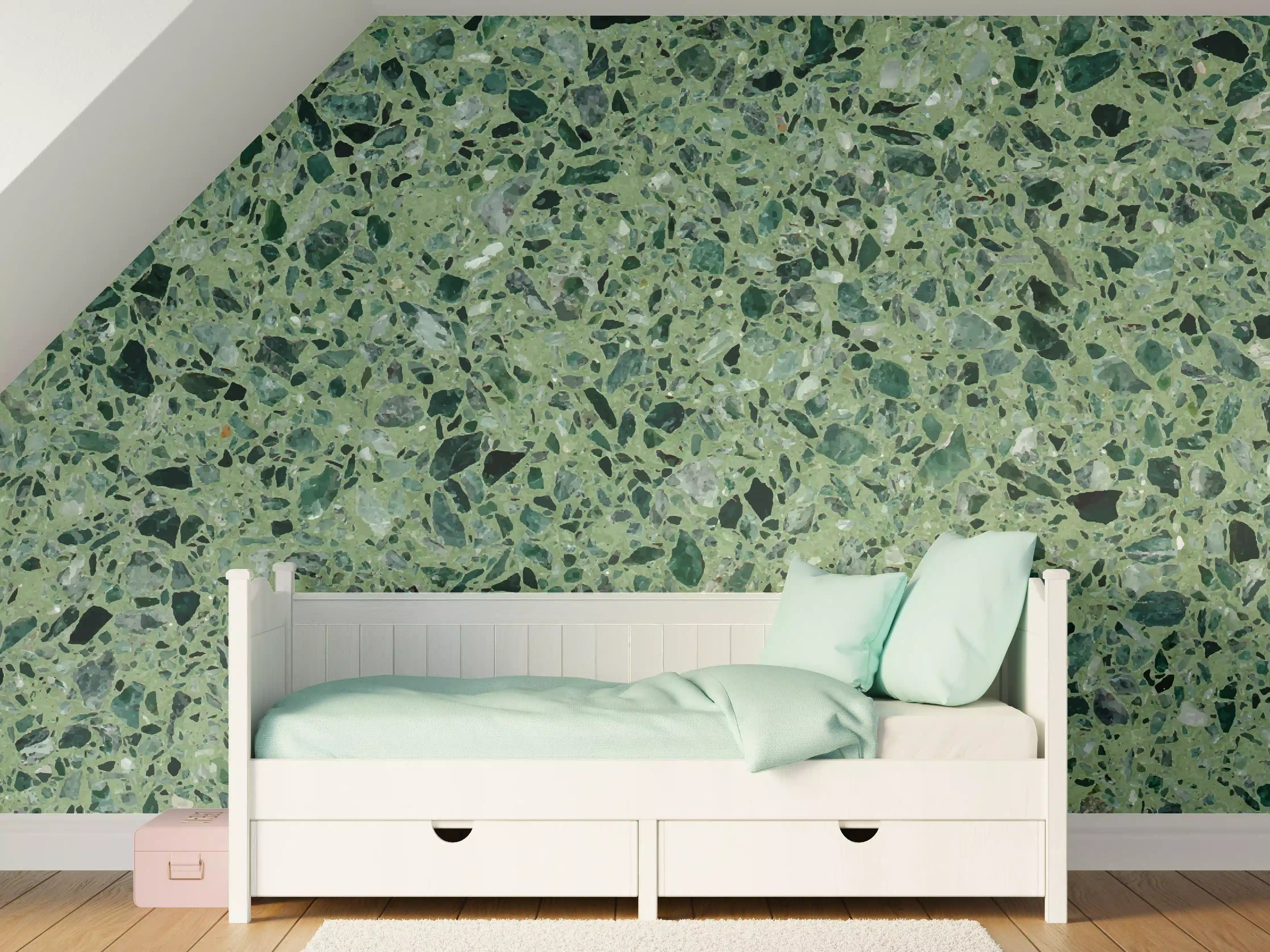 Kinderzimmer Wandgestaltung - Terrazzo Textur auf türkisem Hintergrund