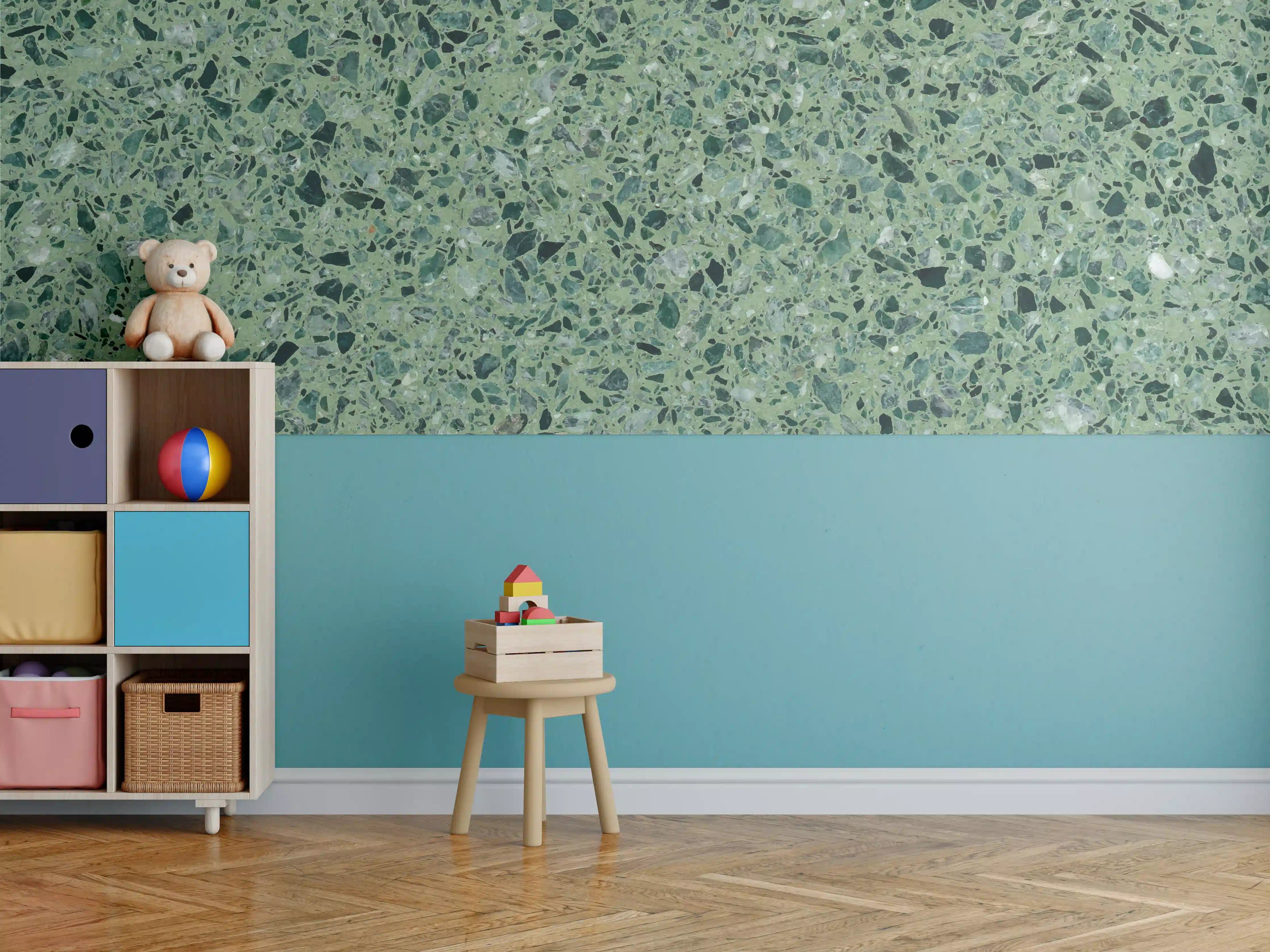 Kinderzimmer Wandgestaltung - Terrazzo Textur auf türkisem Hintergrund
