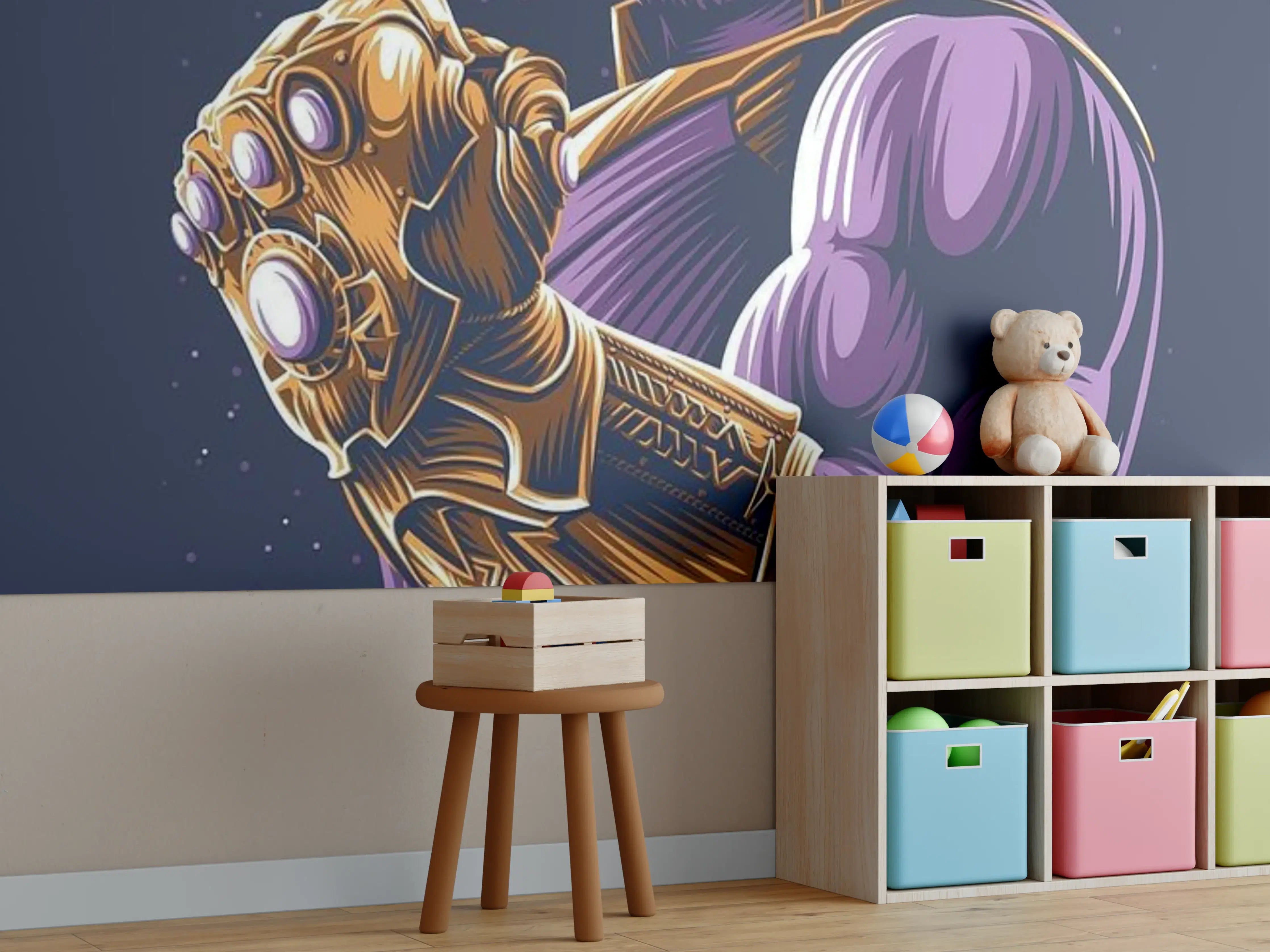 Kinderzimmer Wandgestaltung - Thanos in Comic-Ästhetik mit Infinity-Steinen
