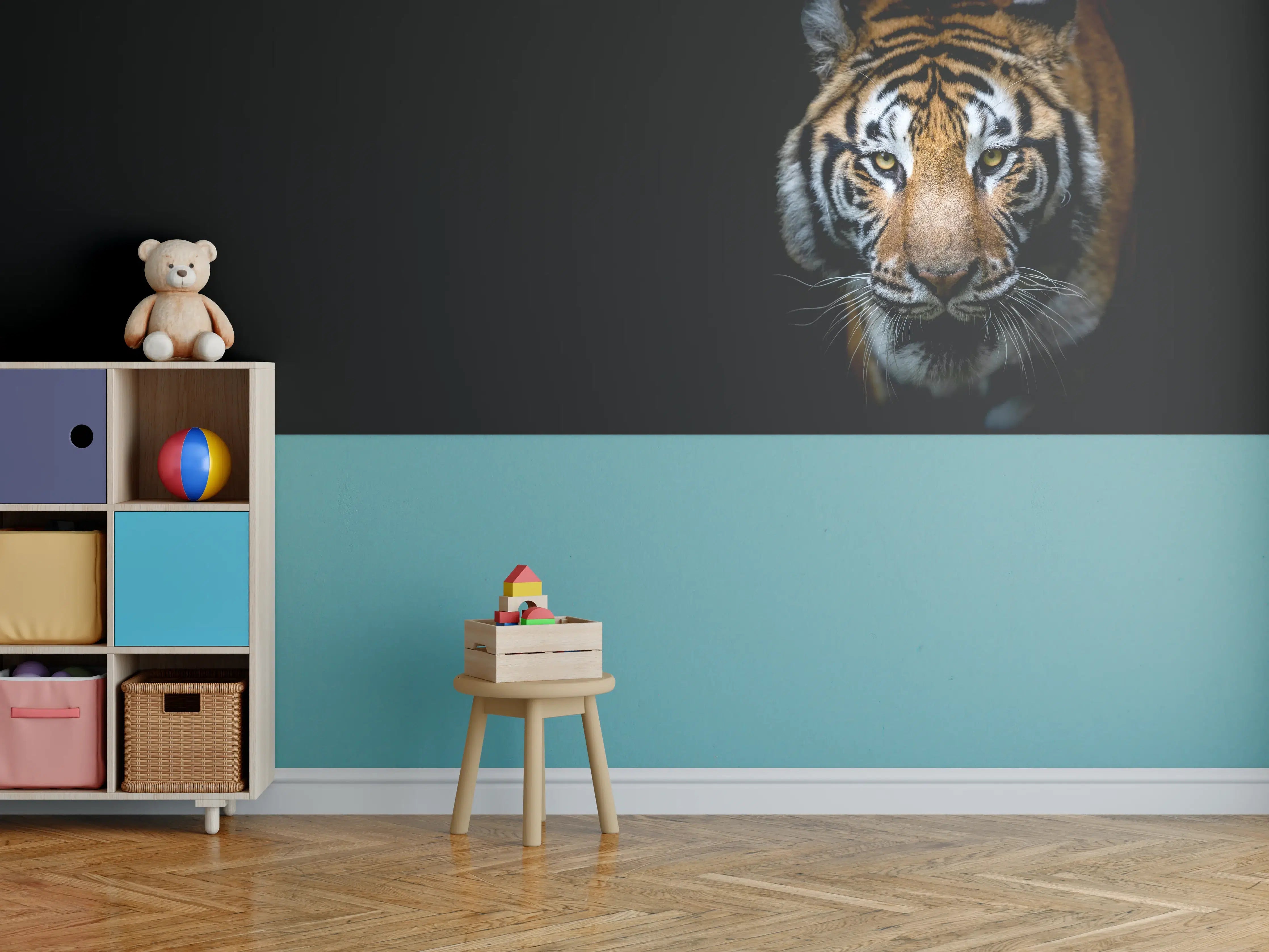 Kinderzimmer Wandgestaltung - Tiger auf schwarzem Hintergrund