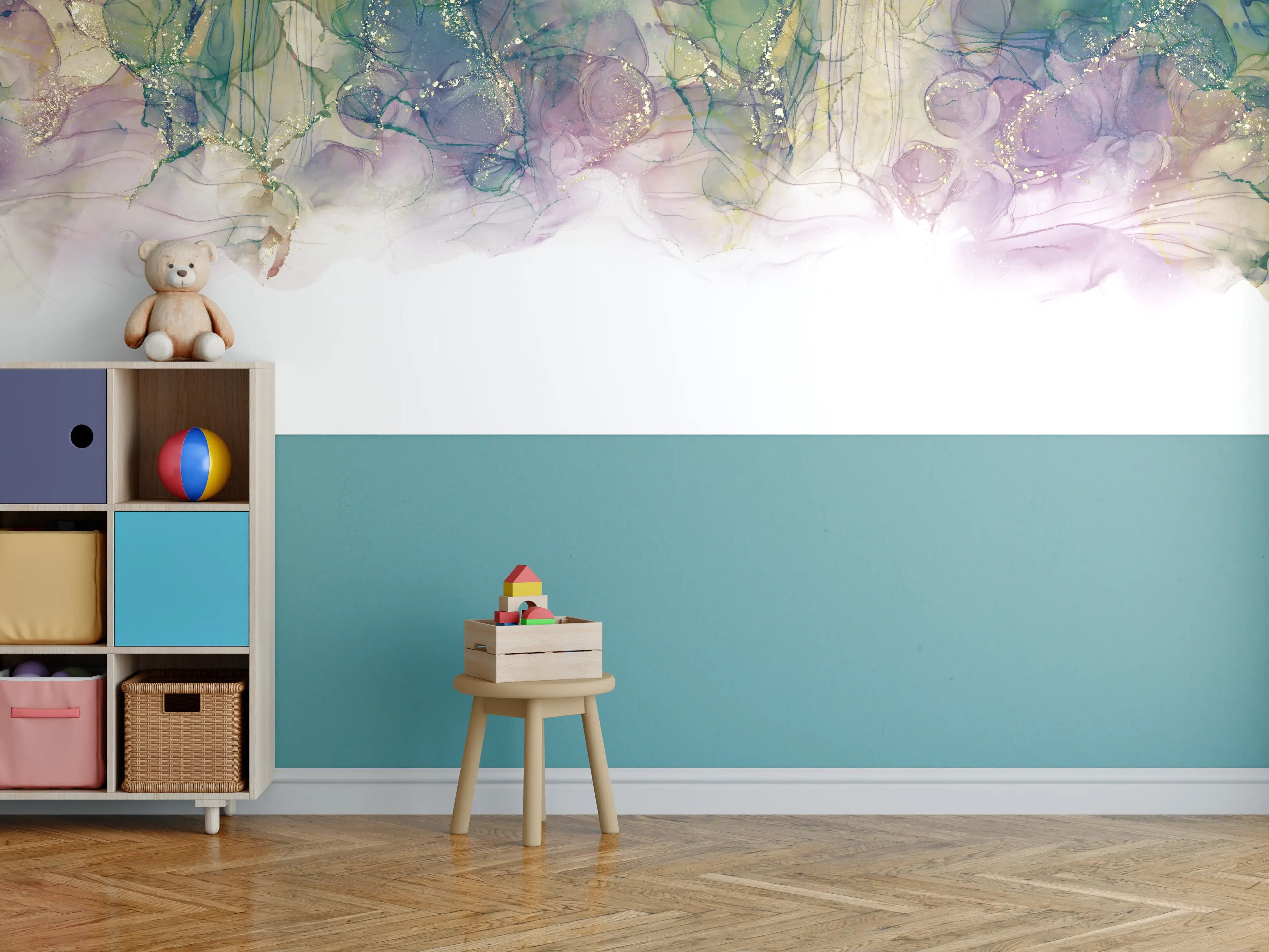 Kinderzimmer Wandgestaltung - Tinte mit Goldelementen - Weißer Übergang