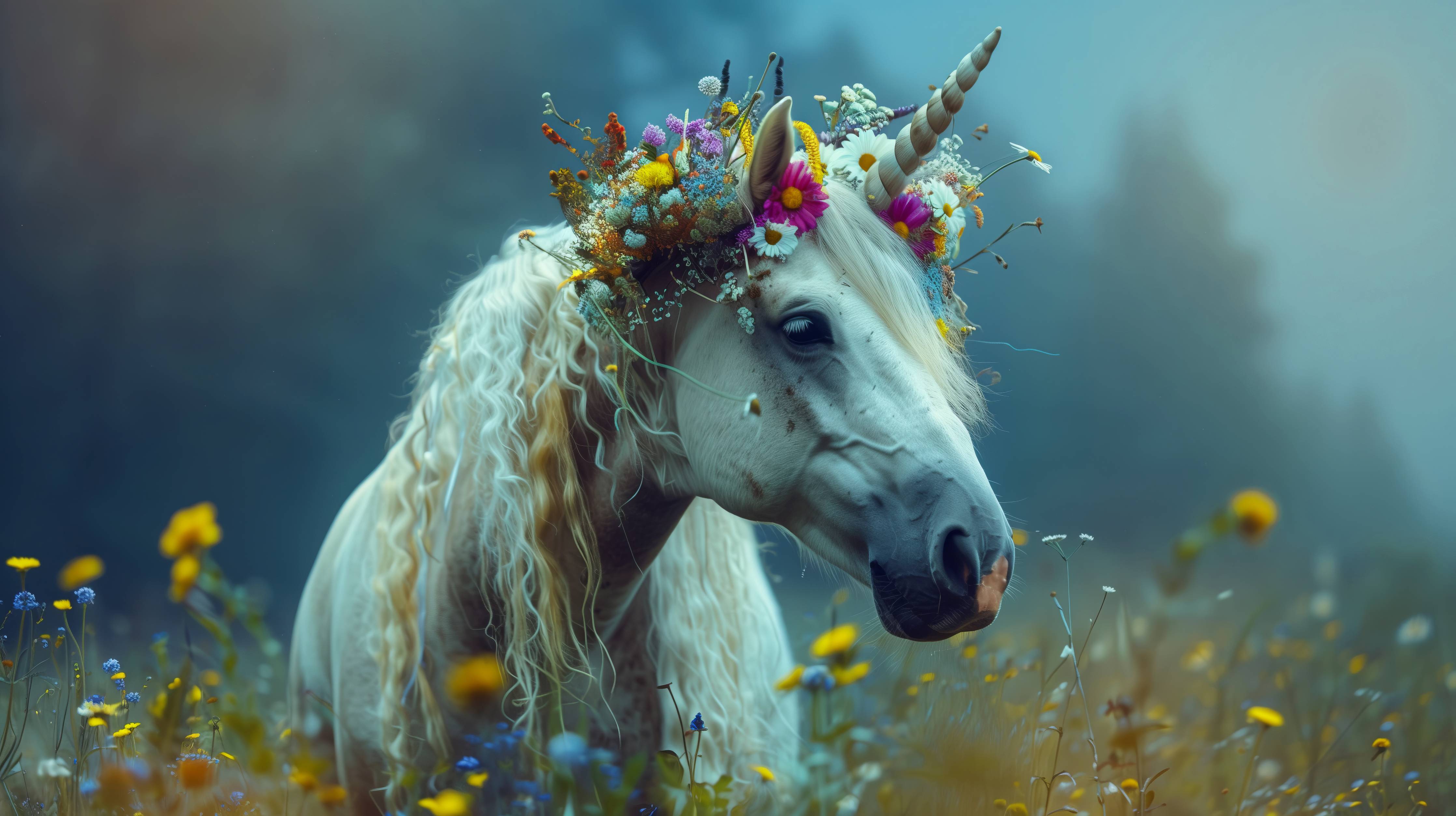 Kinderzimmer Wandgestaltung-Traumhaftes Einhorn mit Blumenkrone in Wiesenidyll