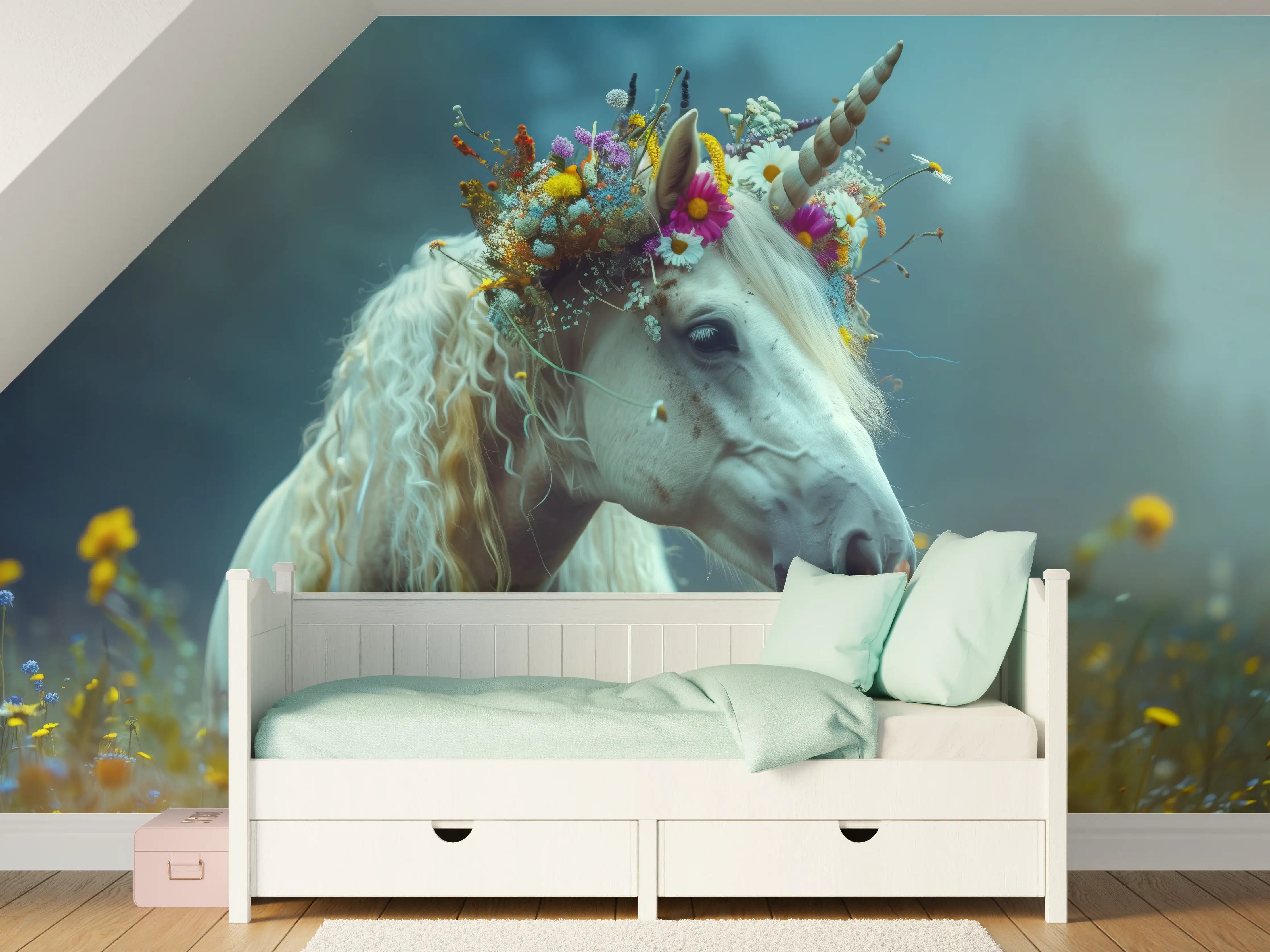 Kinderzimmer Wandgestaltung - Traumhaftes Einhorn mit Blumenkrone in Wiesenidyll