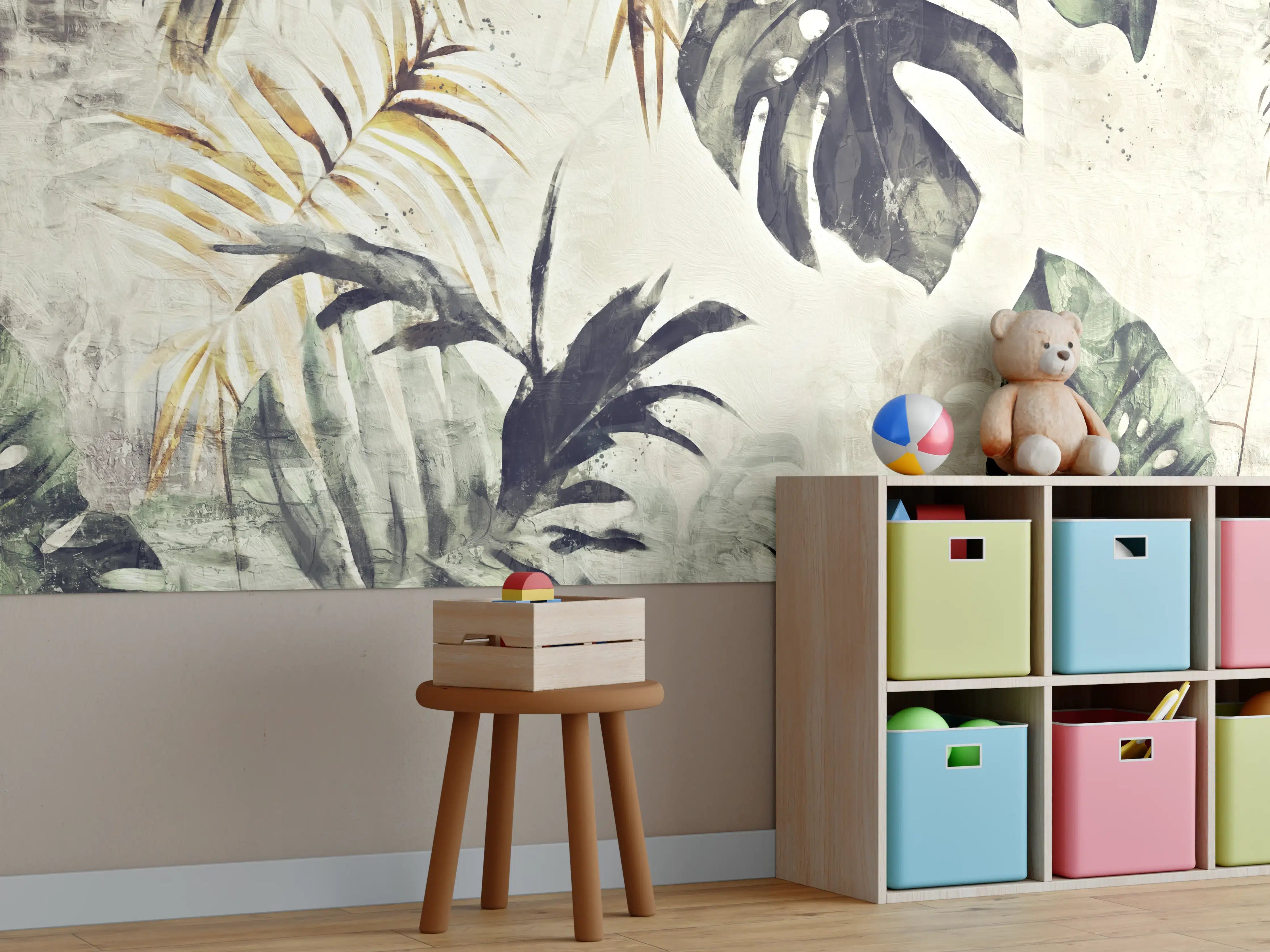 Kinderzimmer Wandgestaltung - Tropenfarben: Grau & Weiß