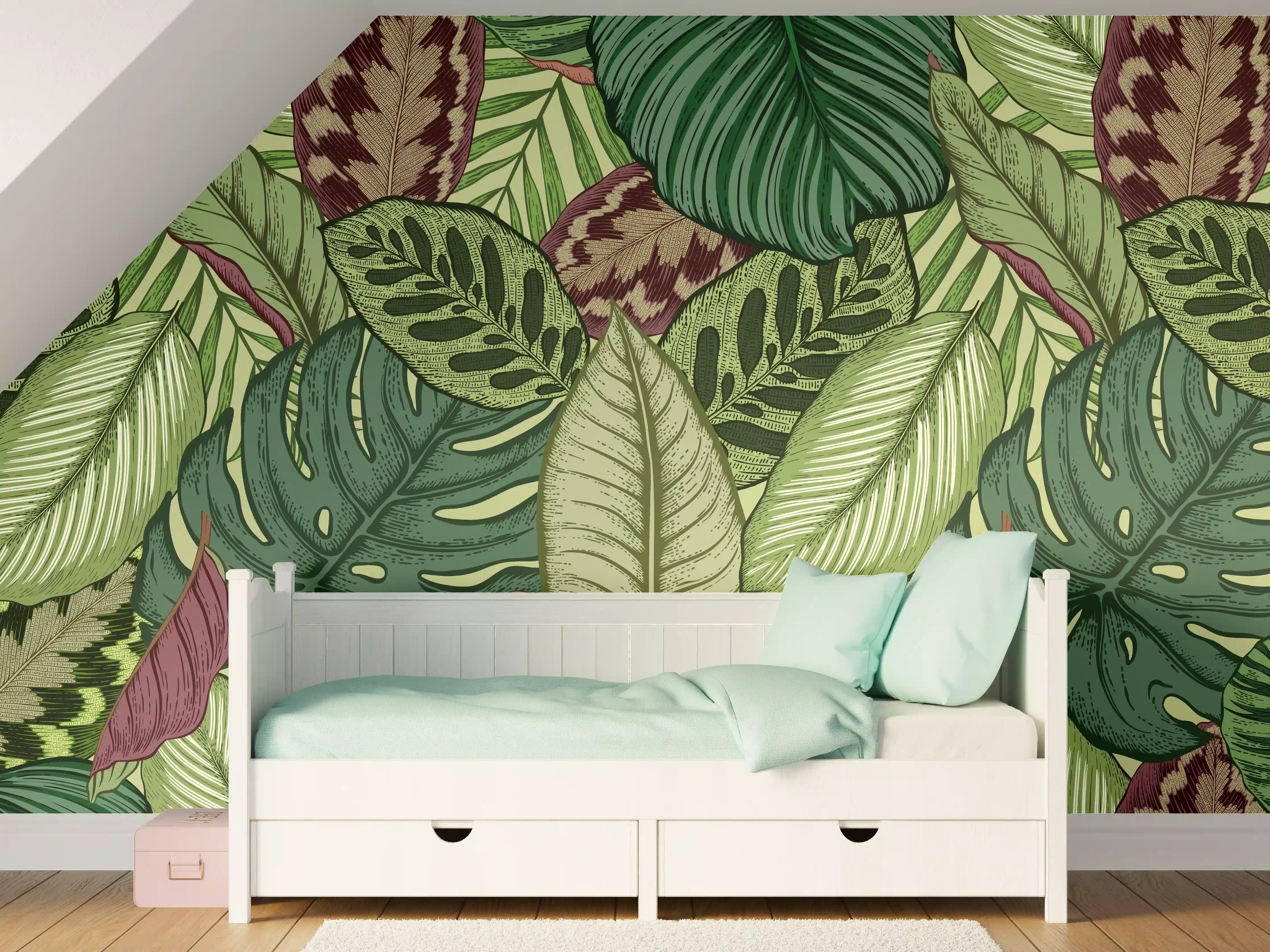Kinderzimmer Wandgestaltung - Tropische Blätter Grün-Beige