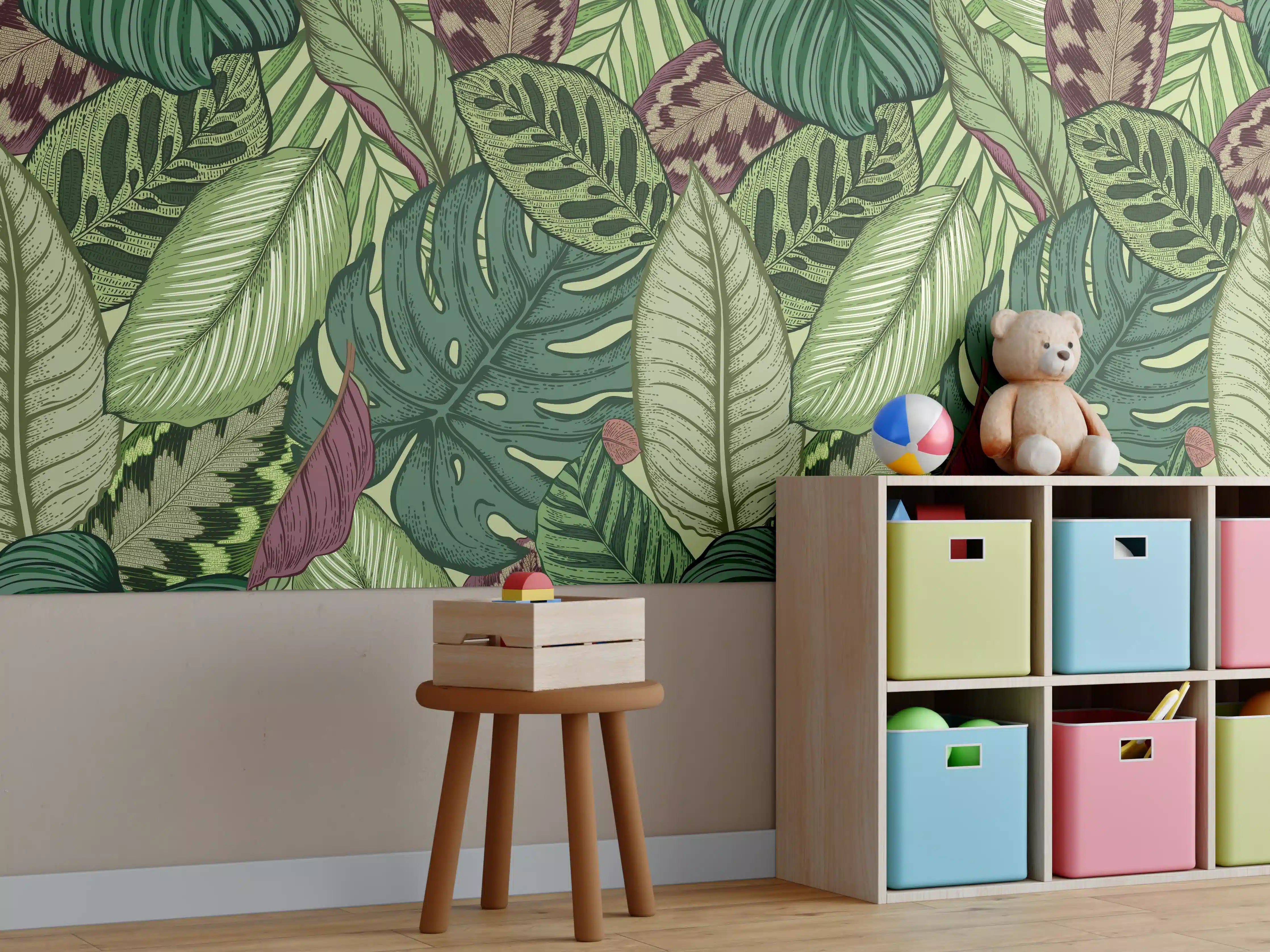 Kinderzimmer Wandgestaltung - Tropische Blätter Grün-Beige