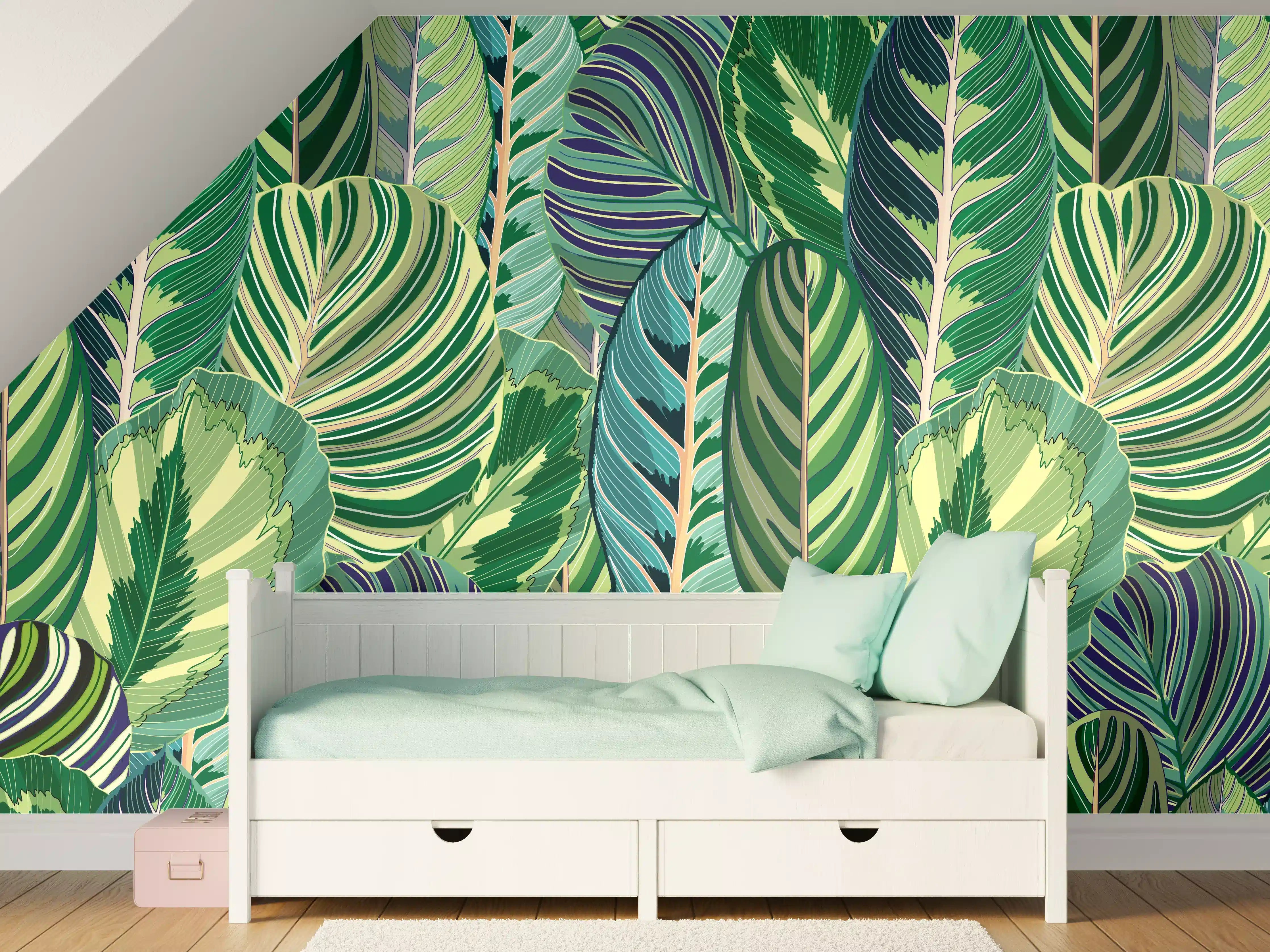 Kinderzimmer Wandgestaltung - Tropische Blätter Grün-Türkis-Lila