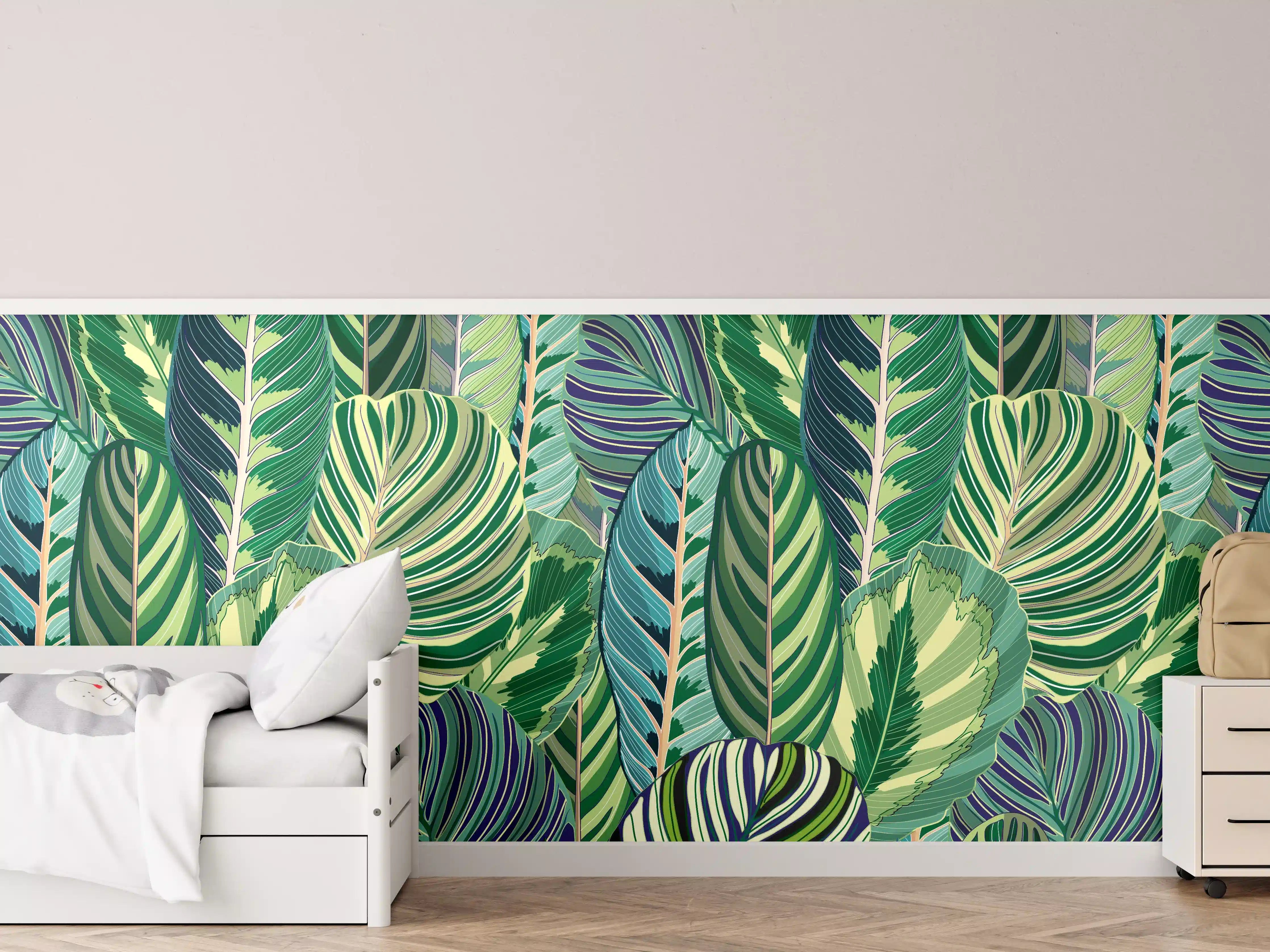 Kinderzimmer Wandgestaltung - Tropische Blätter Grün-Türkis-Lila
