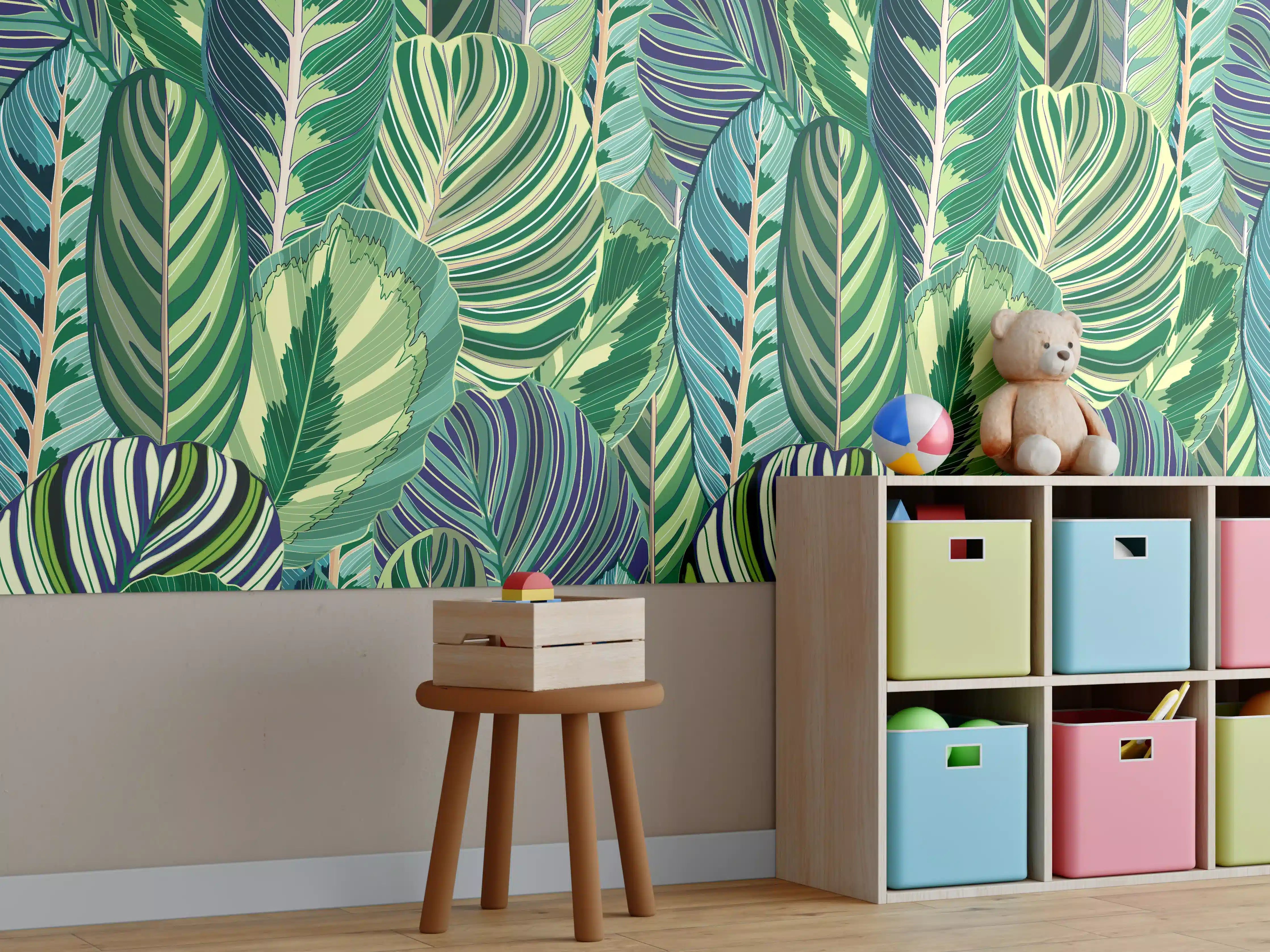 Kinderzimmer Wandgestaltung - Tropische Blätter Grün-Türkis-Lila