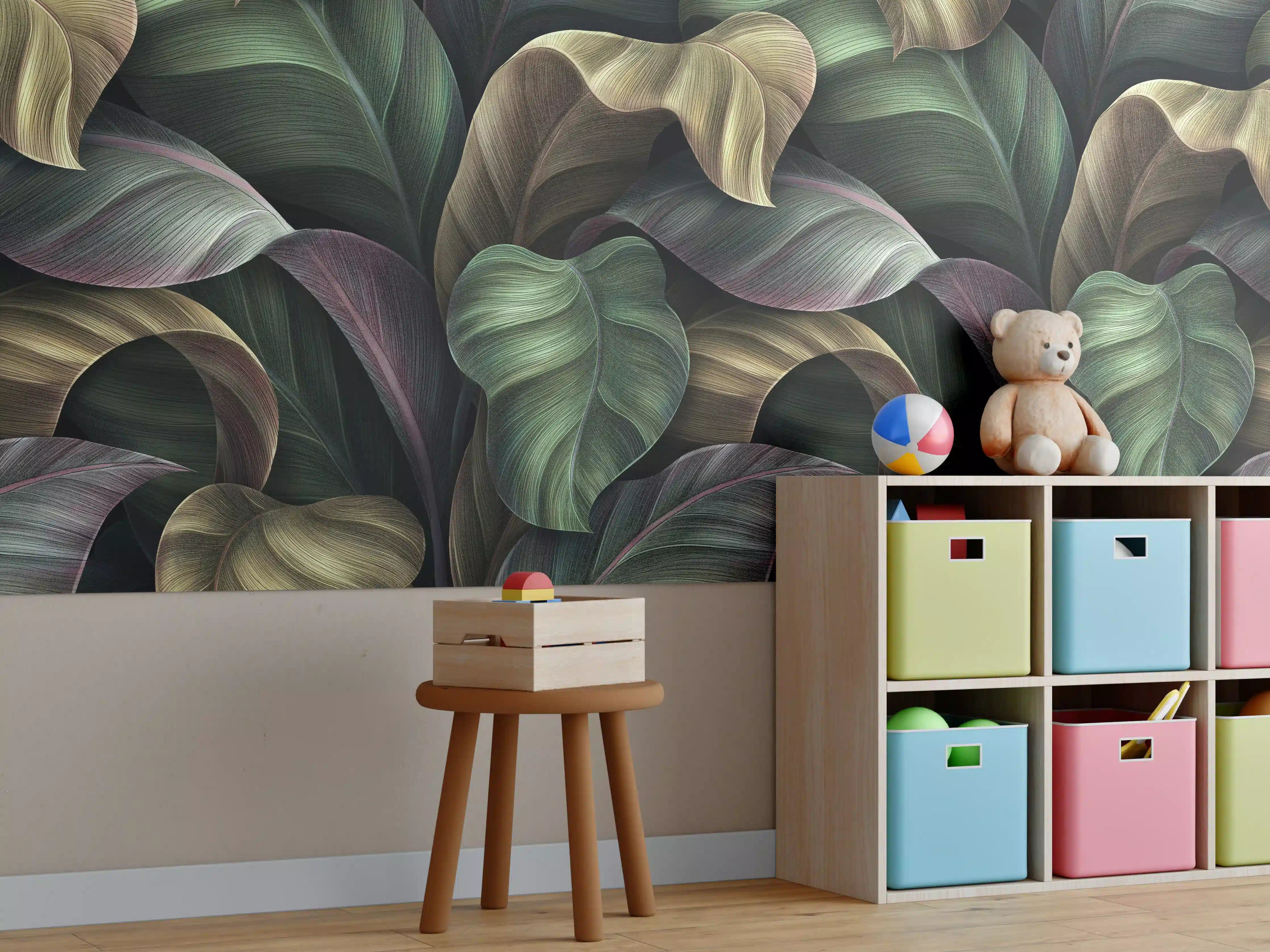 Kinderzimmer Wandgestaltung - Tropische Blätter in Gold - Malerei