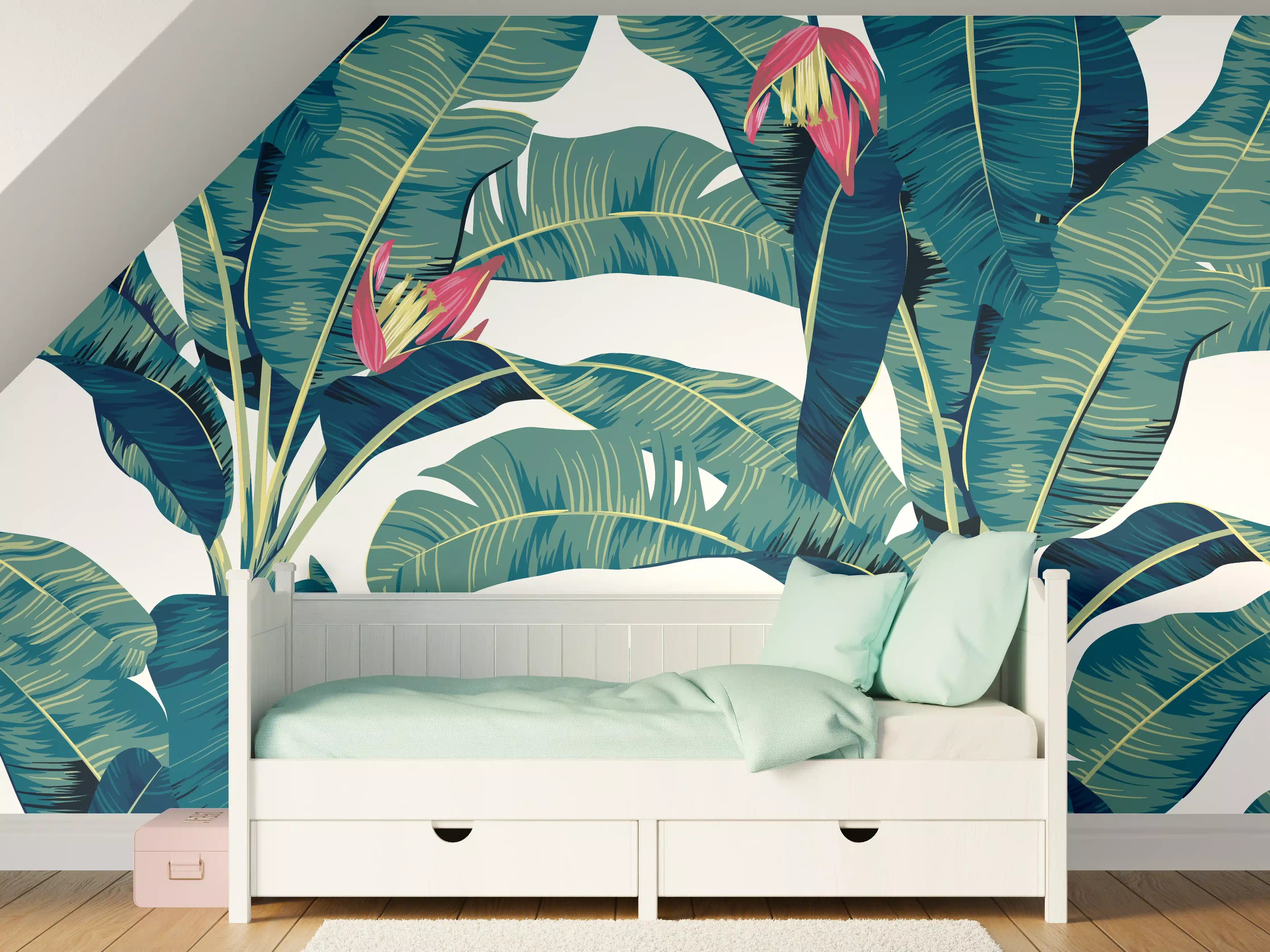 Kinderzimmer Wandgestaltung - Tropische Blätter in Grün