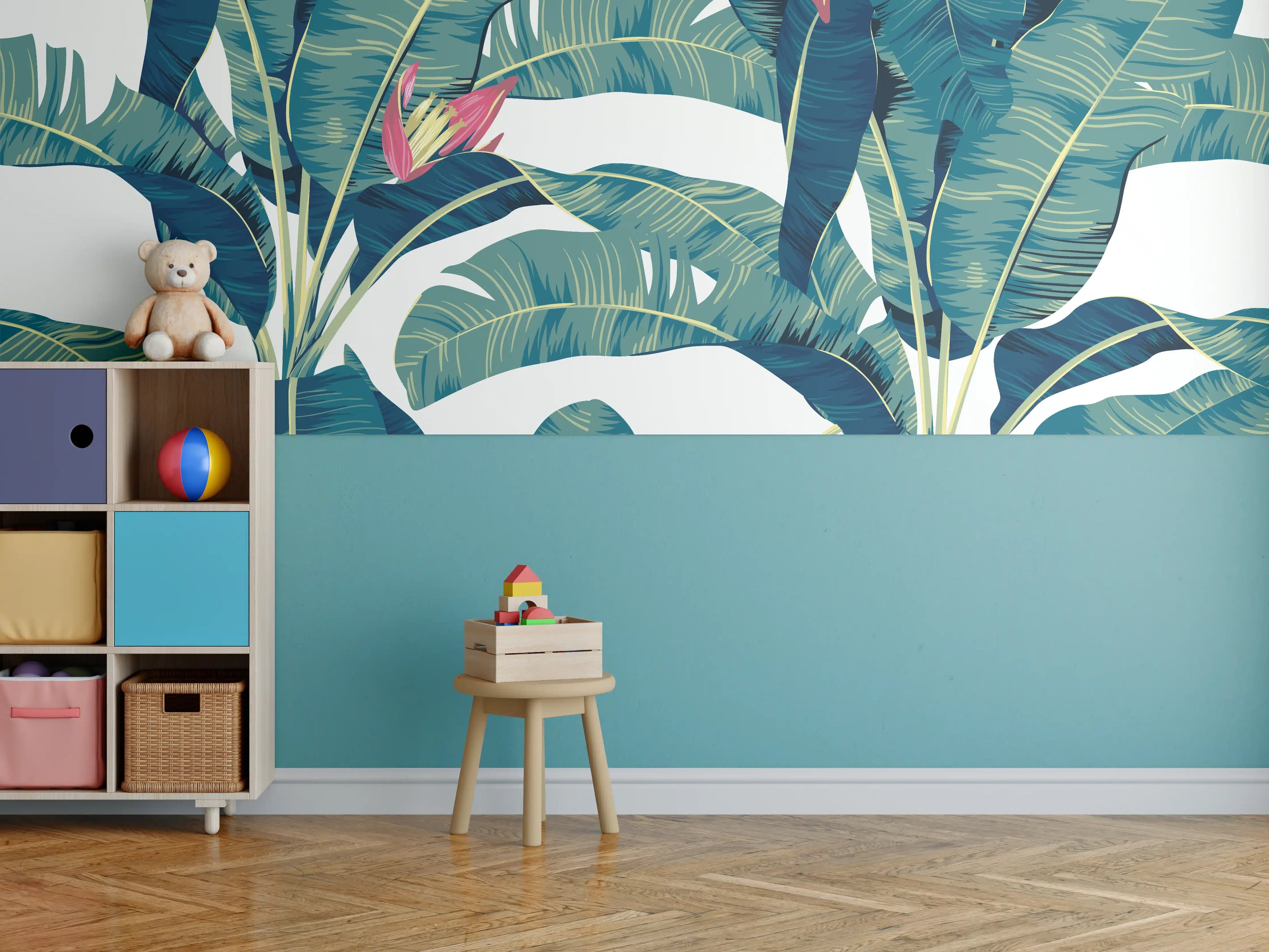 Kinderzimmer Wandgestaltung - Tropische Blätter in Grün