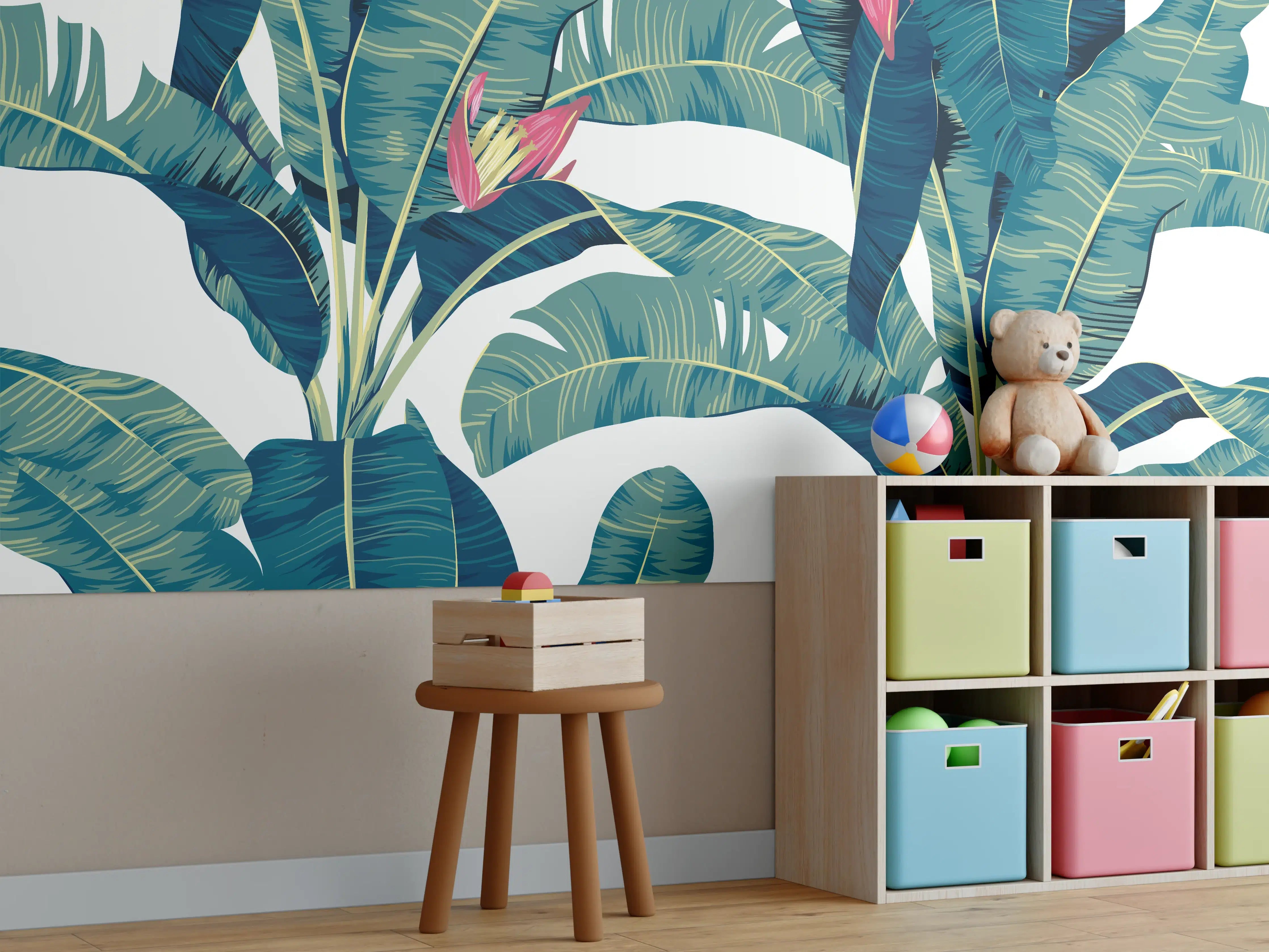 Kinderzimmer Wandgestaltung - Tropische Blätter in Grün