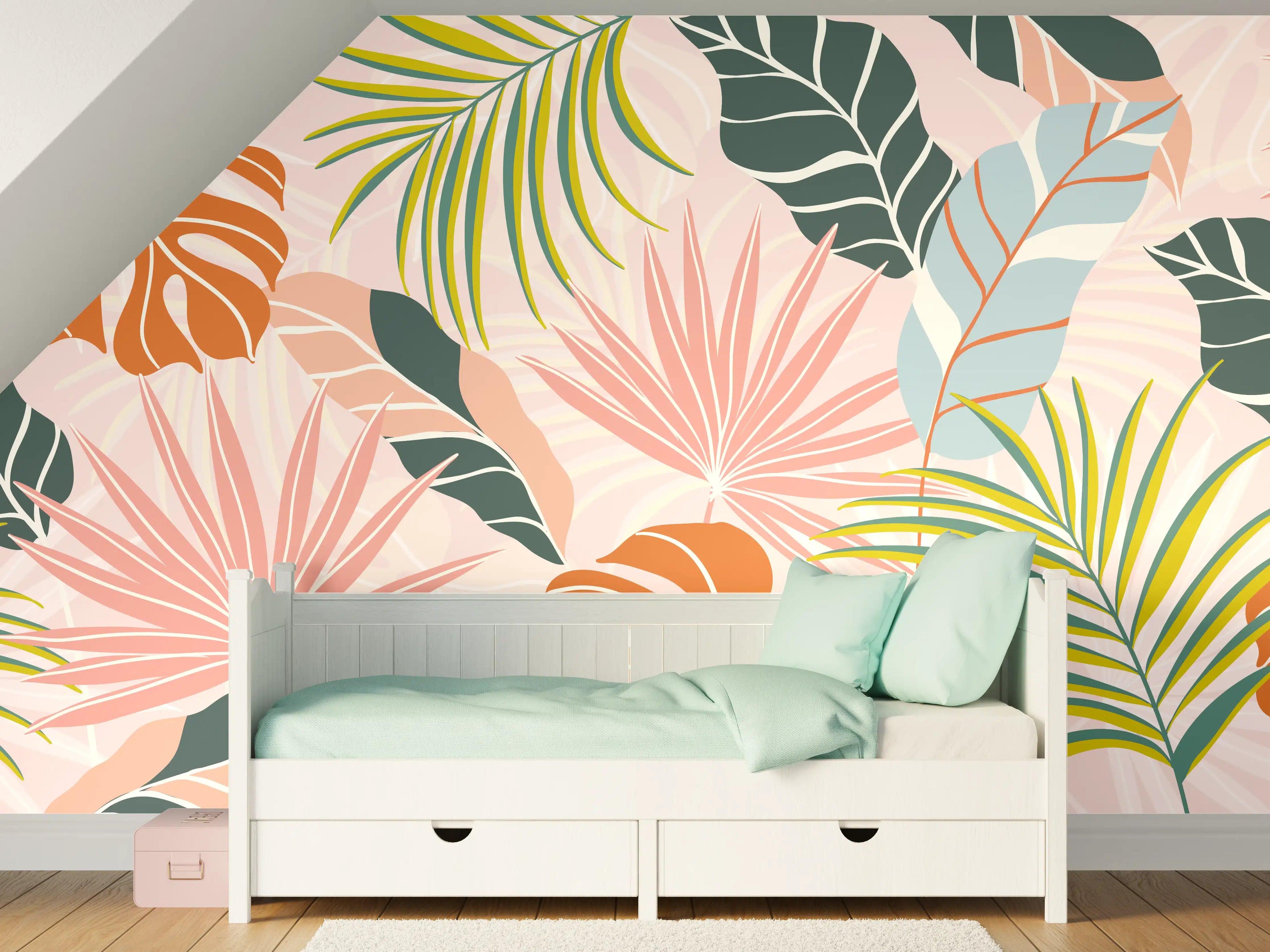 Kinderzimmer Wandgestaltung - Tropische Blättermischung in Rosa und Grün