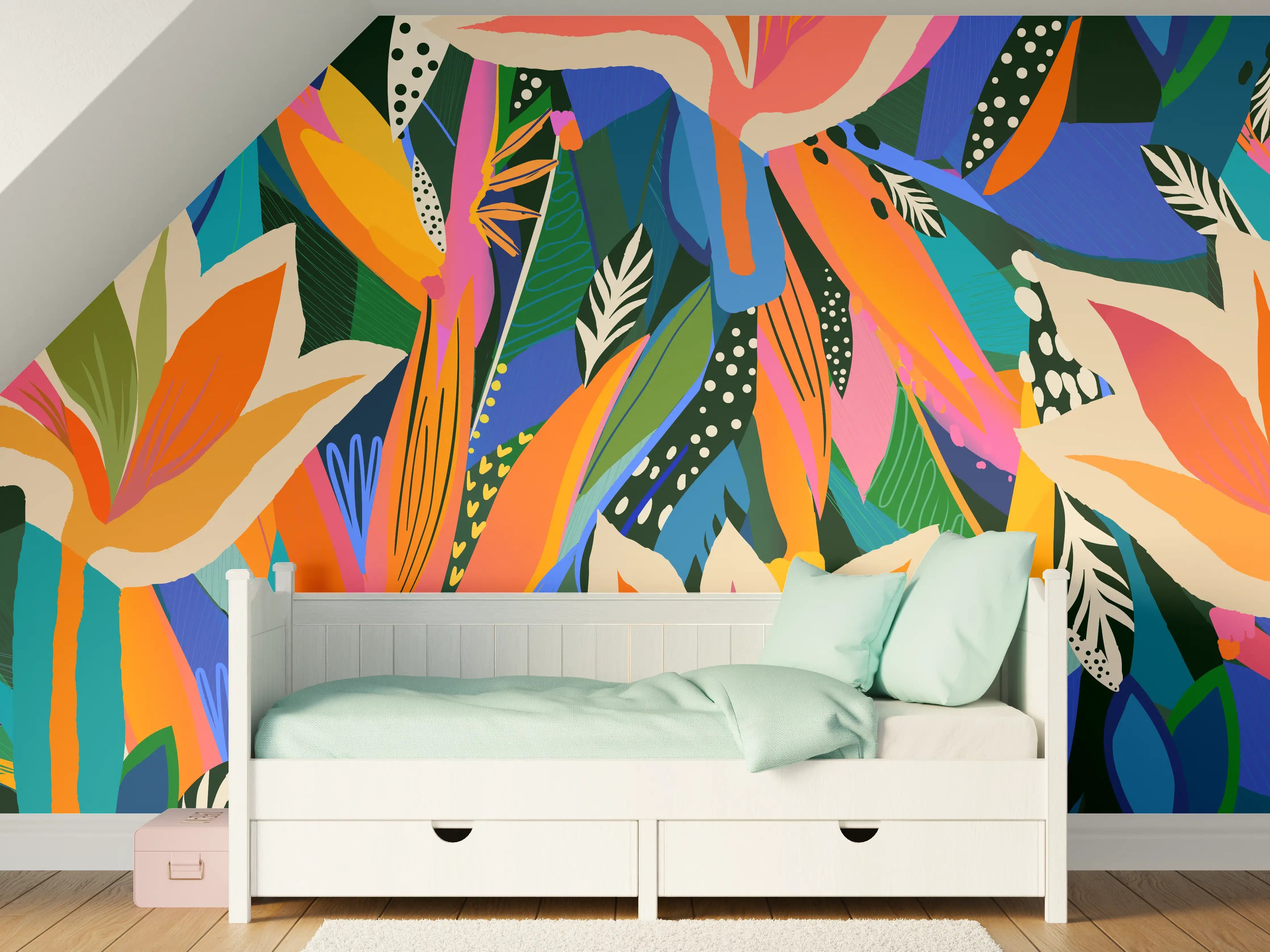 Kinderzimmer Wandgestaltung - Tropische Blüten Blau-Orange-Grün