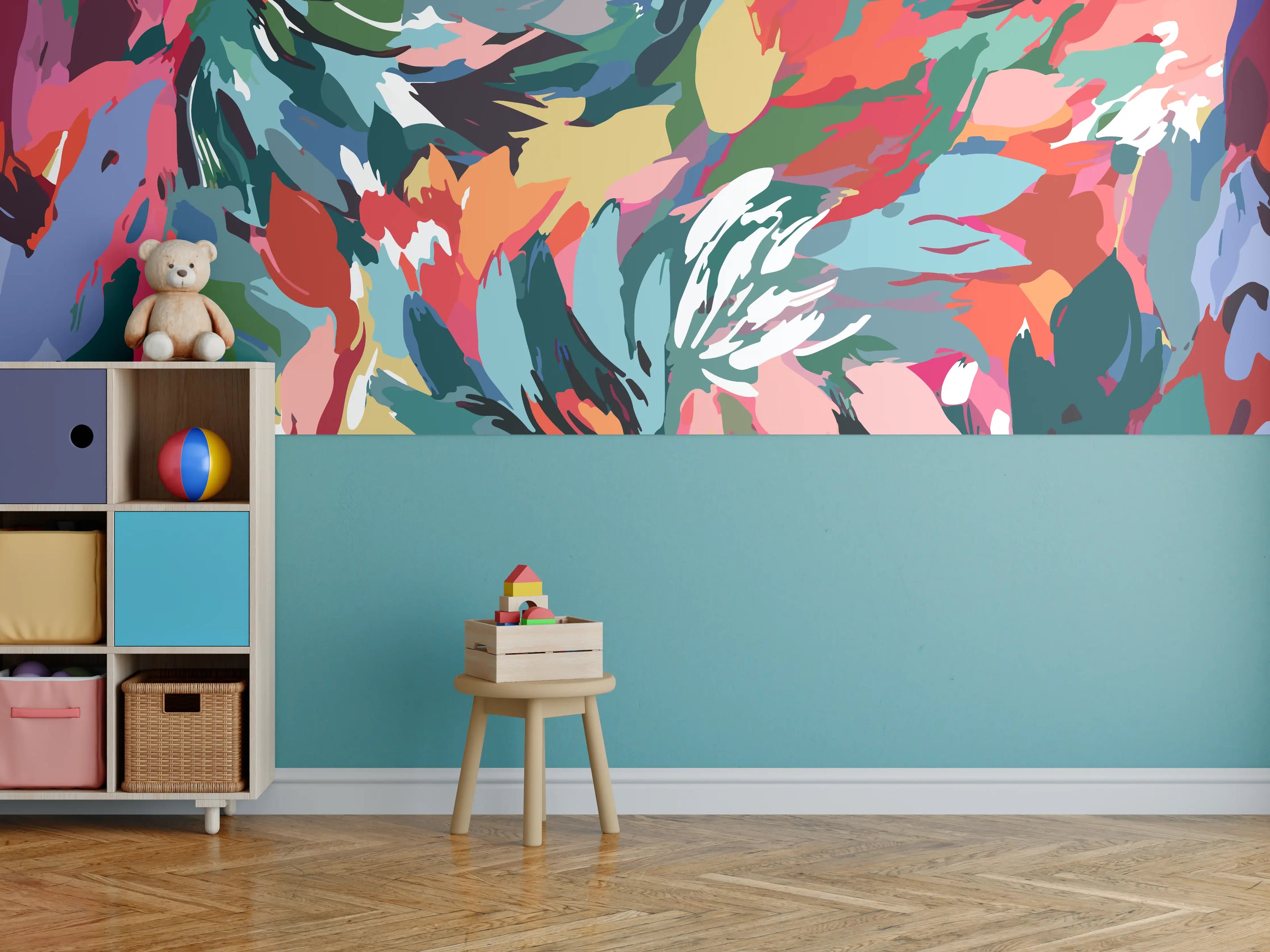 Kinderzimmer Wandgestaltung - Tropische Blüten-Explosion Türkis-Rot
