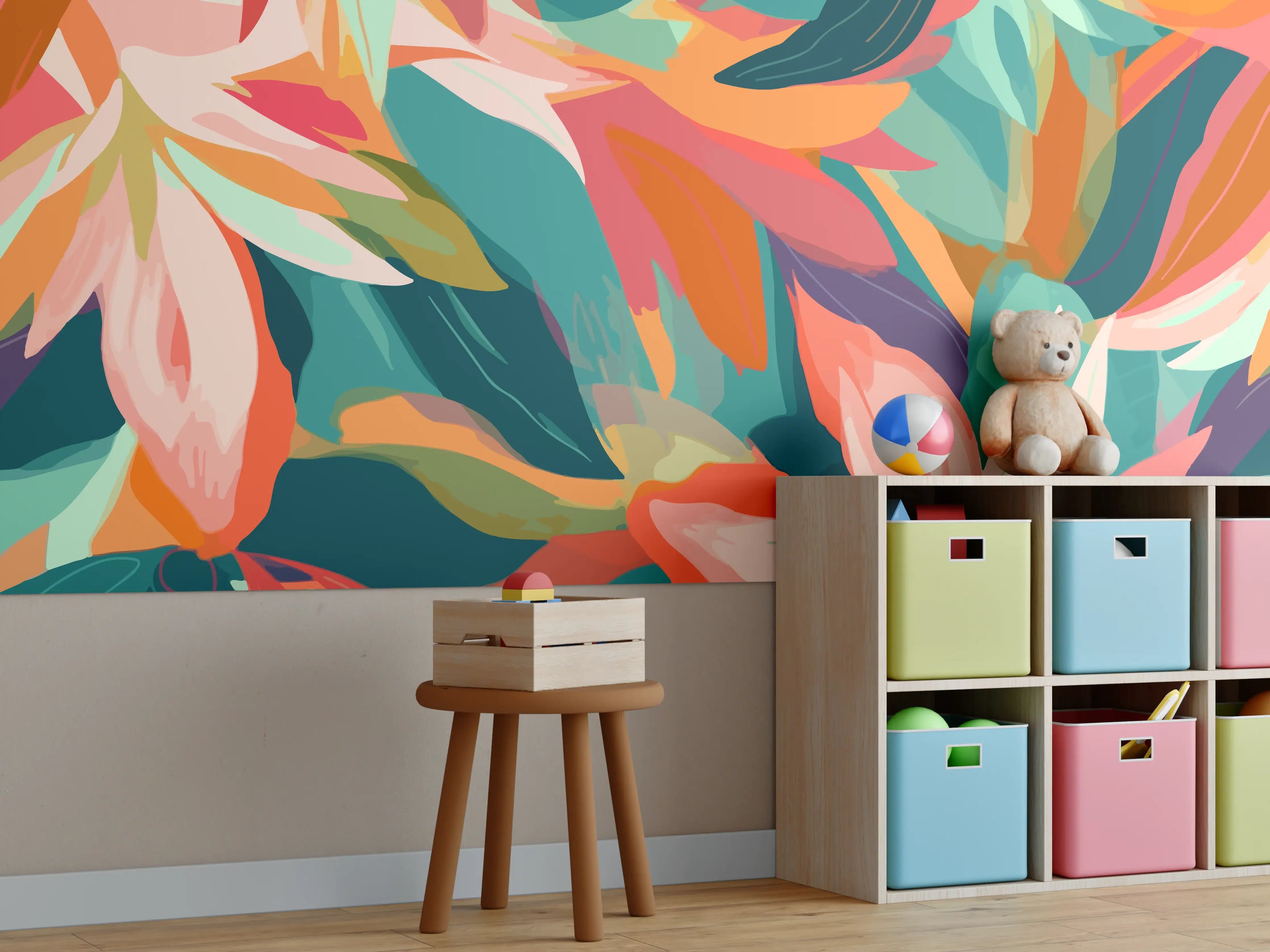 Kinderzimmer Wandgestaltung - Tropische Blüten Türkis Koralle