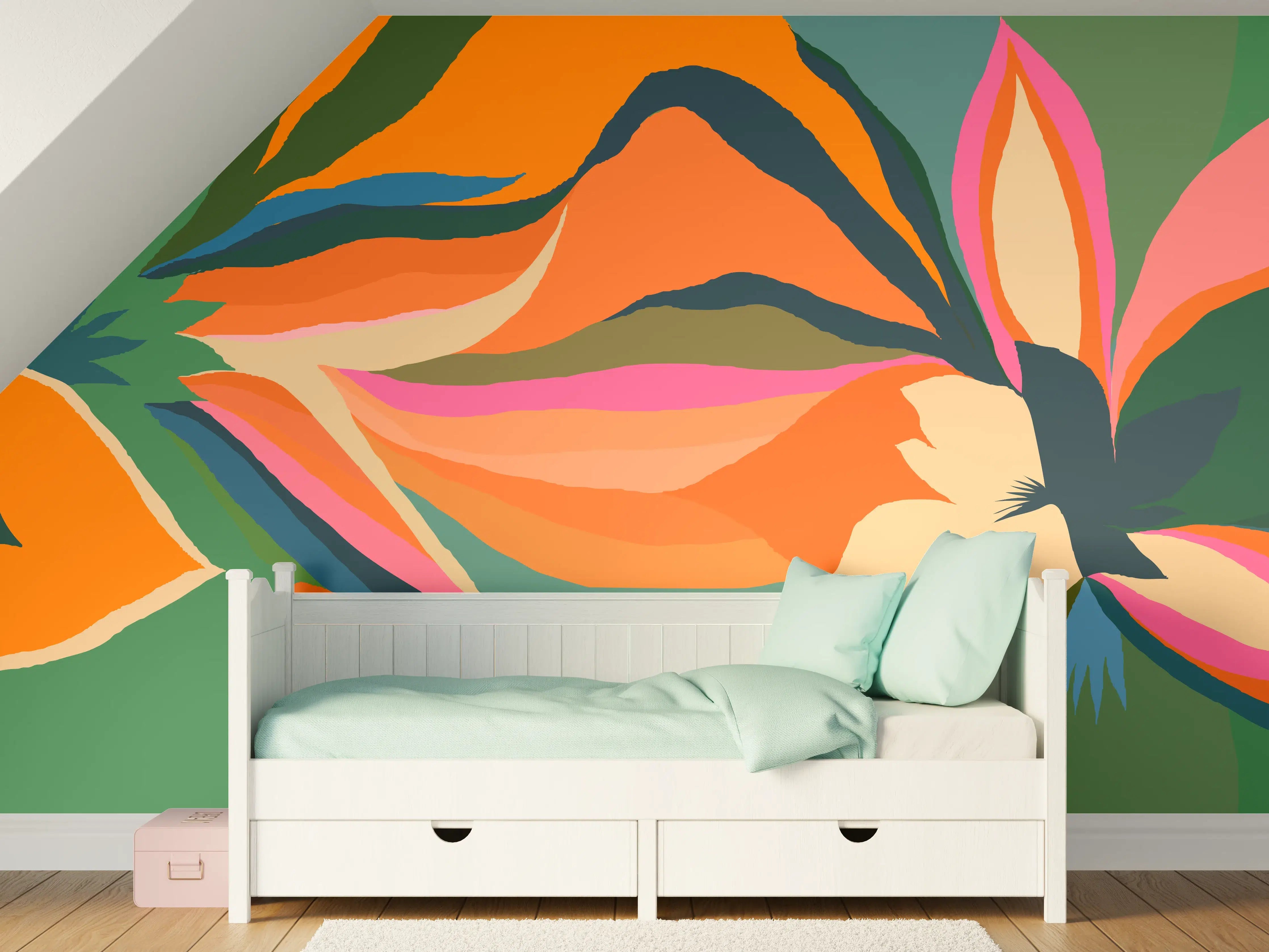 Kinderzimmer Wandgestaltung - Tropische Blüten in Orange