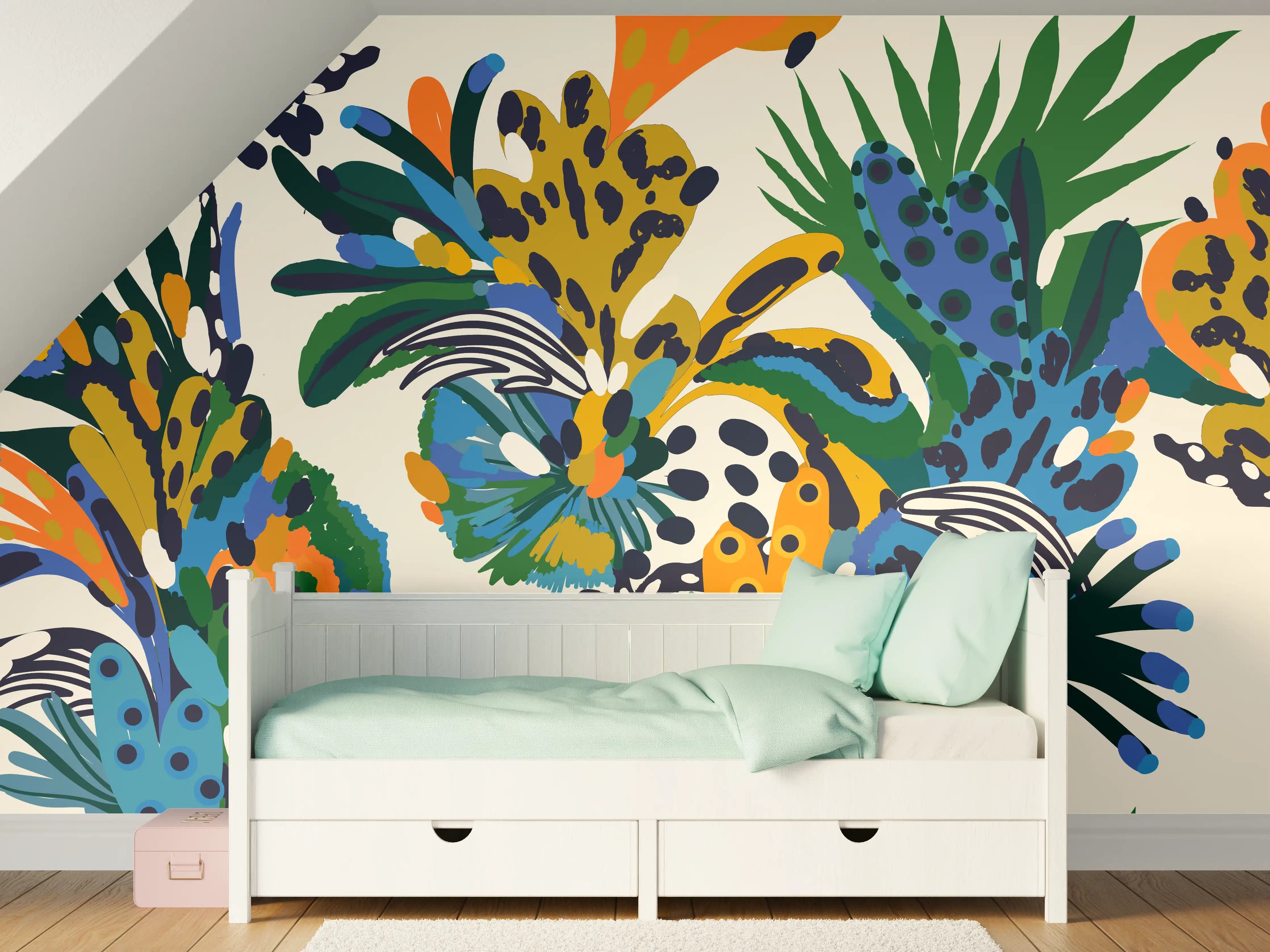Kinderzimmer Wandgestaltung - Tropische Blumen Blau Grün Orange