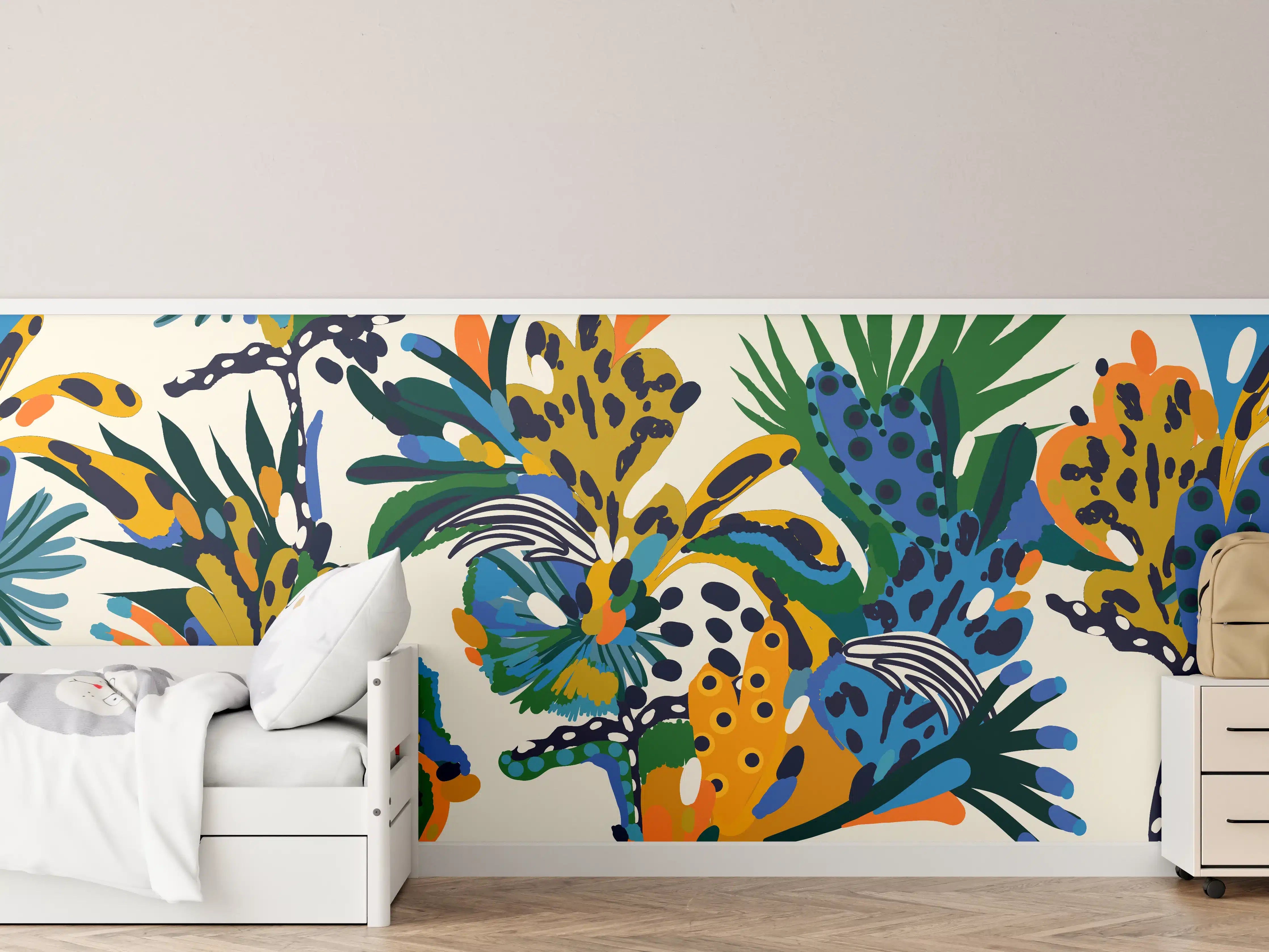 Kinderzimmer Wandgestaltung - Tropische Blumen Blau Grün Orange
