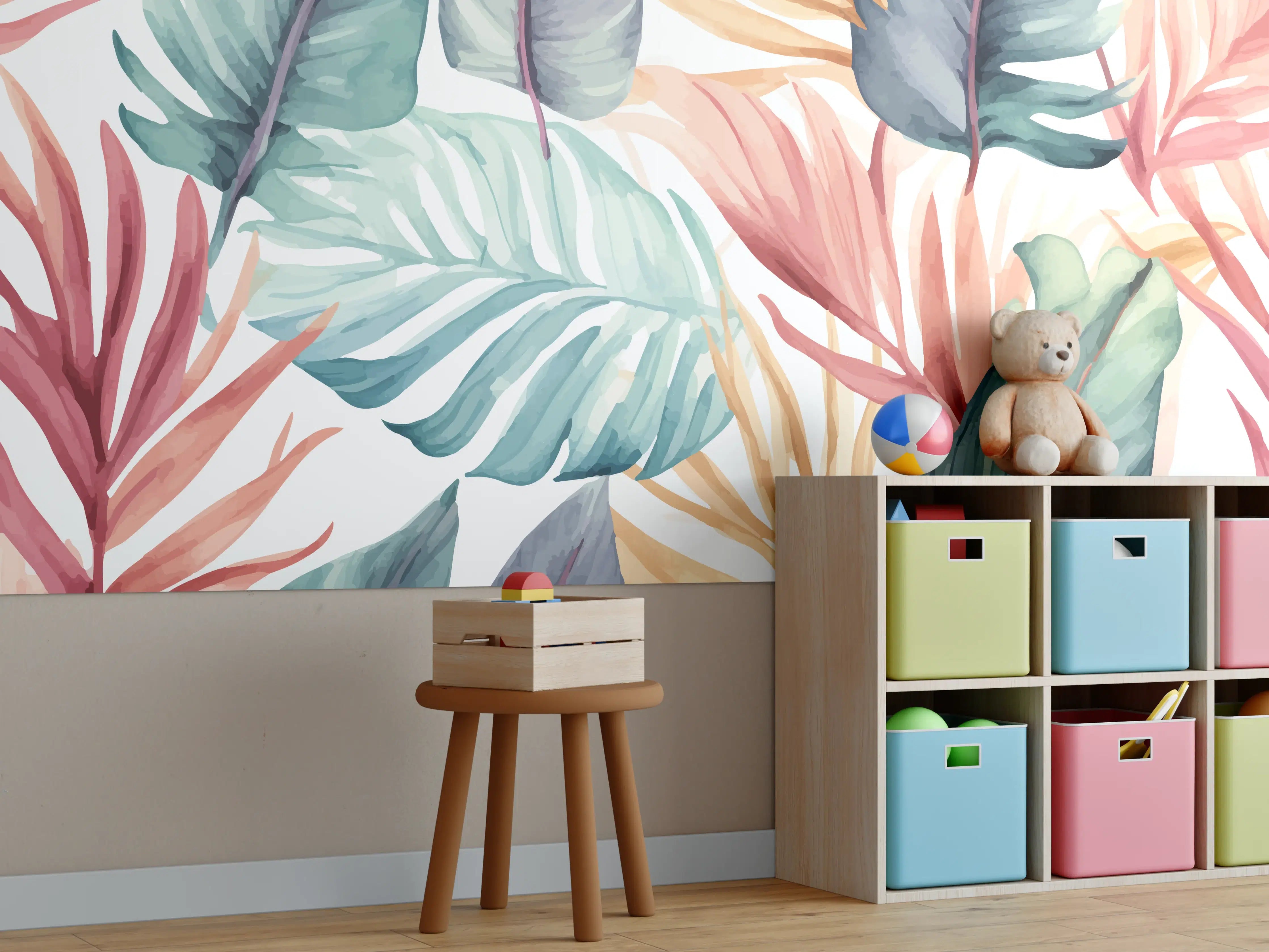 Kinderzimmer Wandgestaltung - Tropische Blumen und Blätter im Wasserfarbenstil