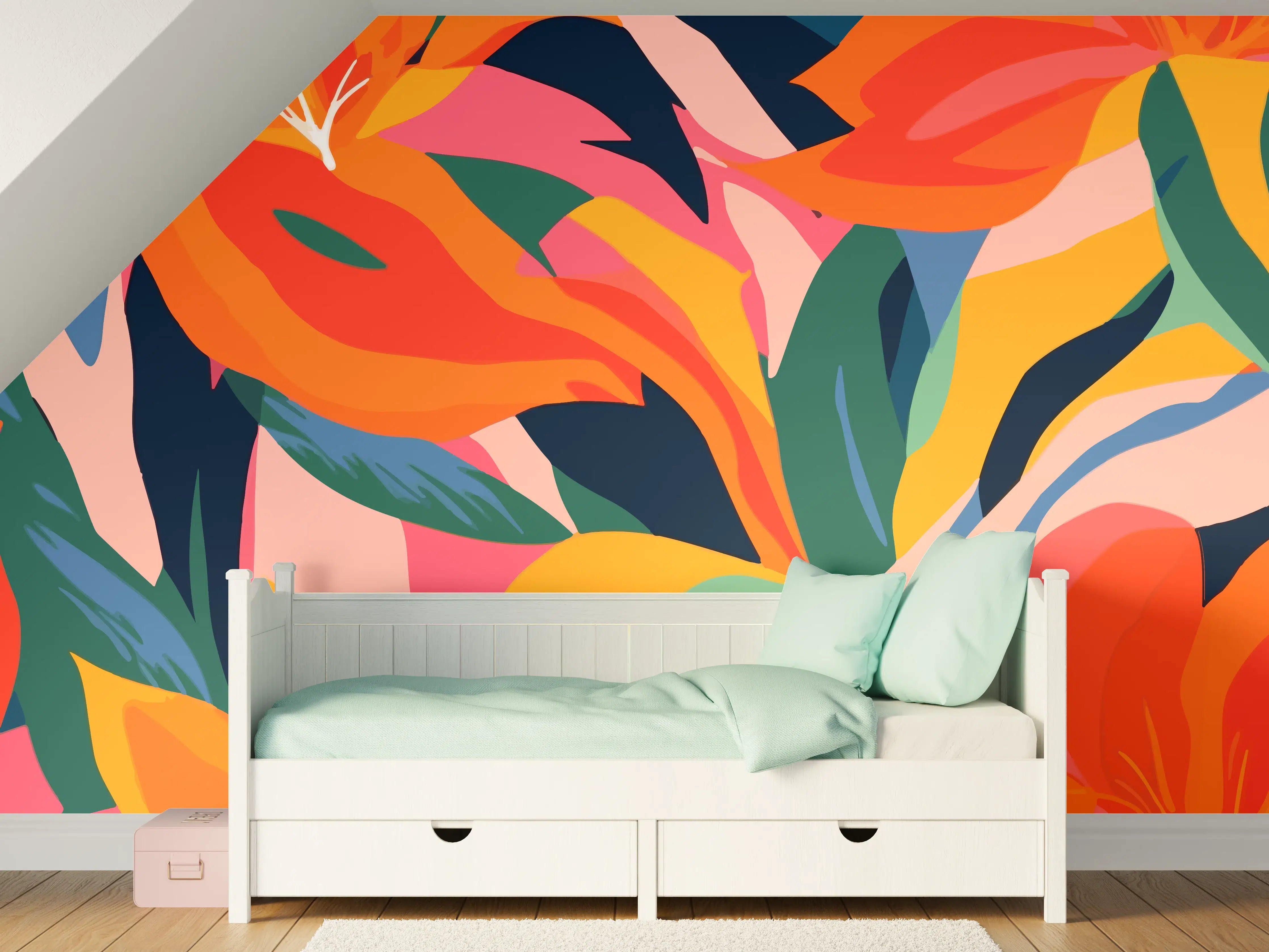 Kinderzimmer Wandgestaltung - Tropische Bunte Blumenillustration