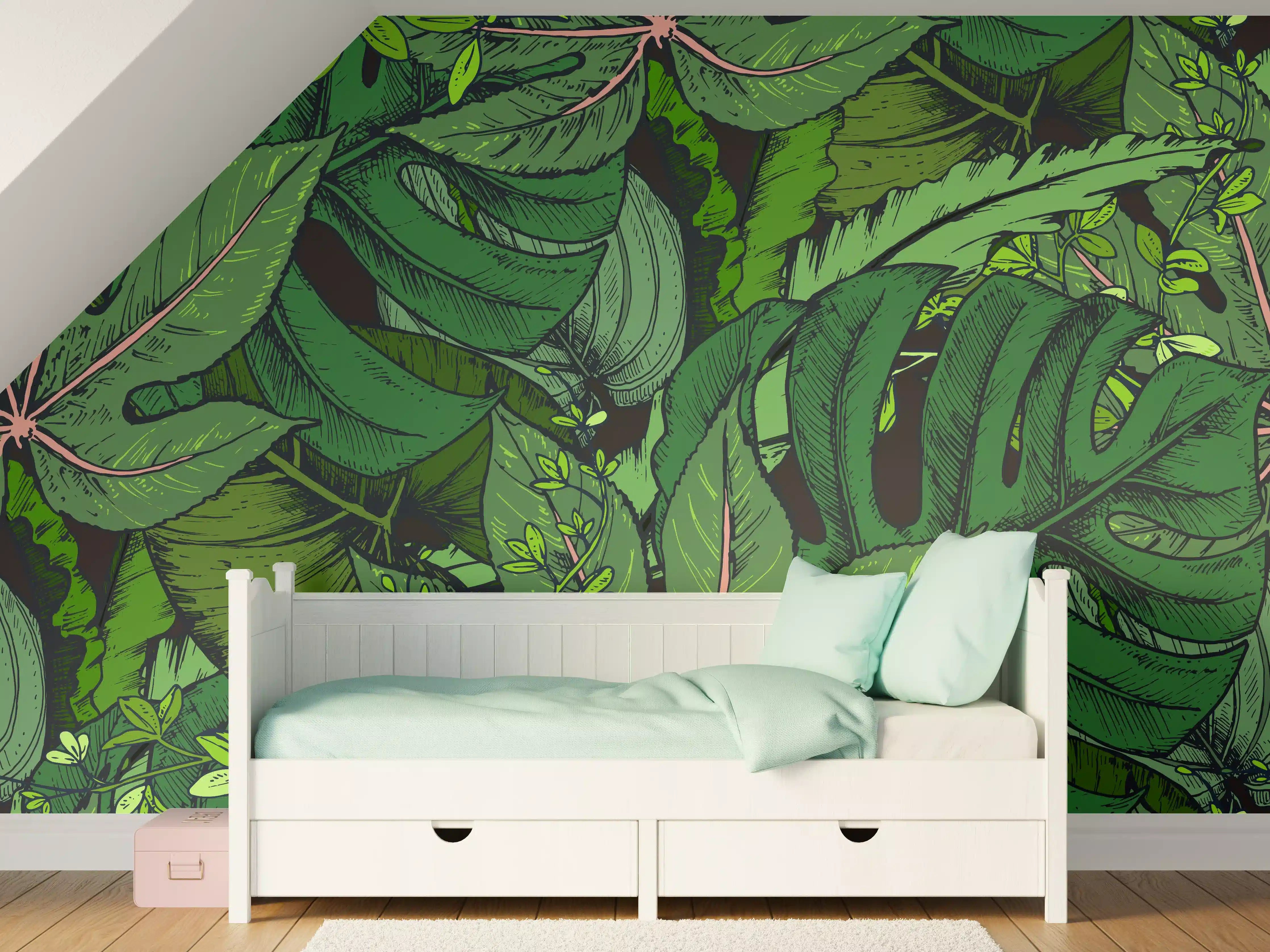 Kinderzimmer Wandgestaltung - Tropische Monstera-Blätter Grün