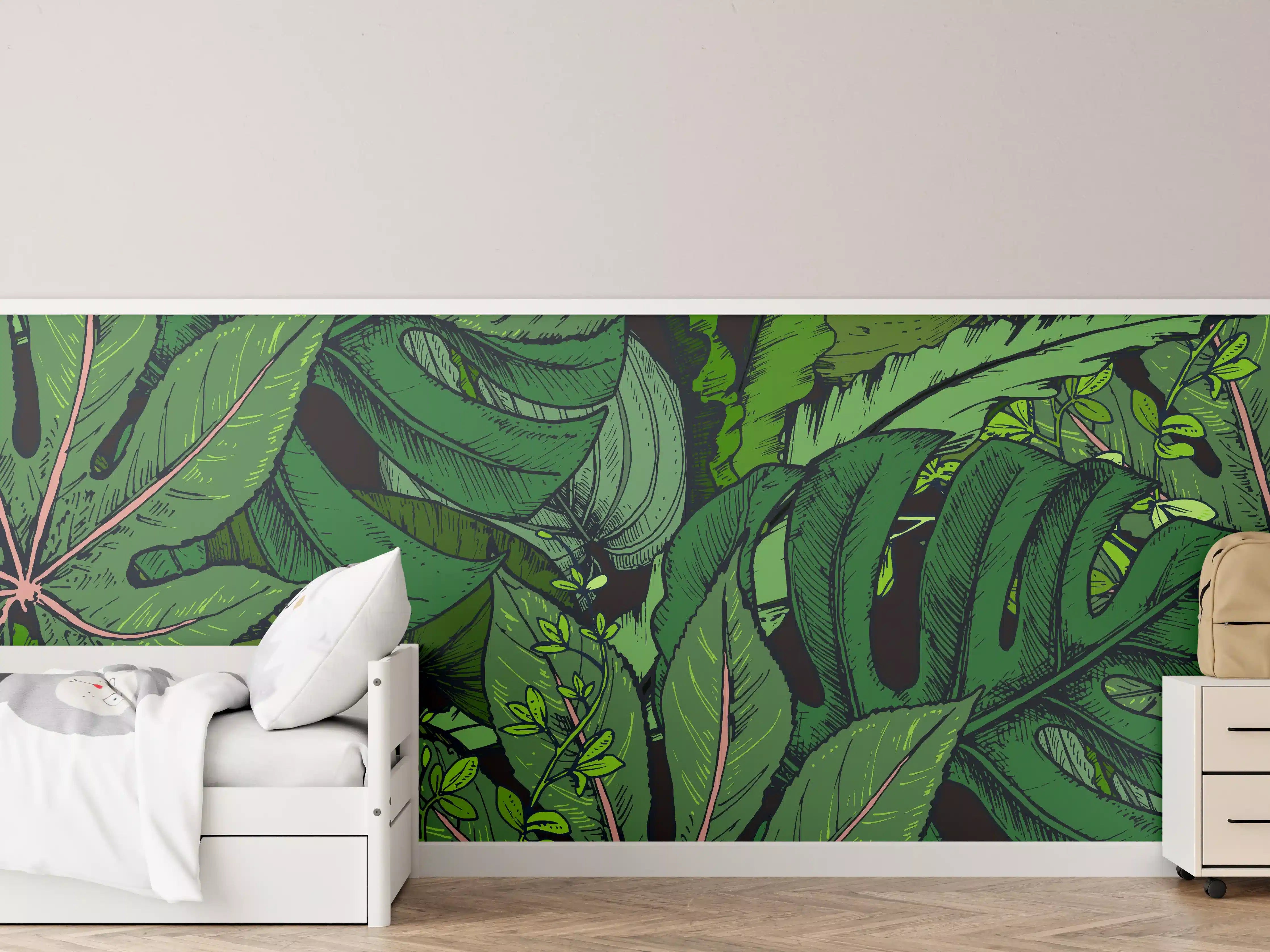 Kinderzimmer Wandgestaltung - Tropische Monstera-Blätter Grün
