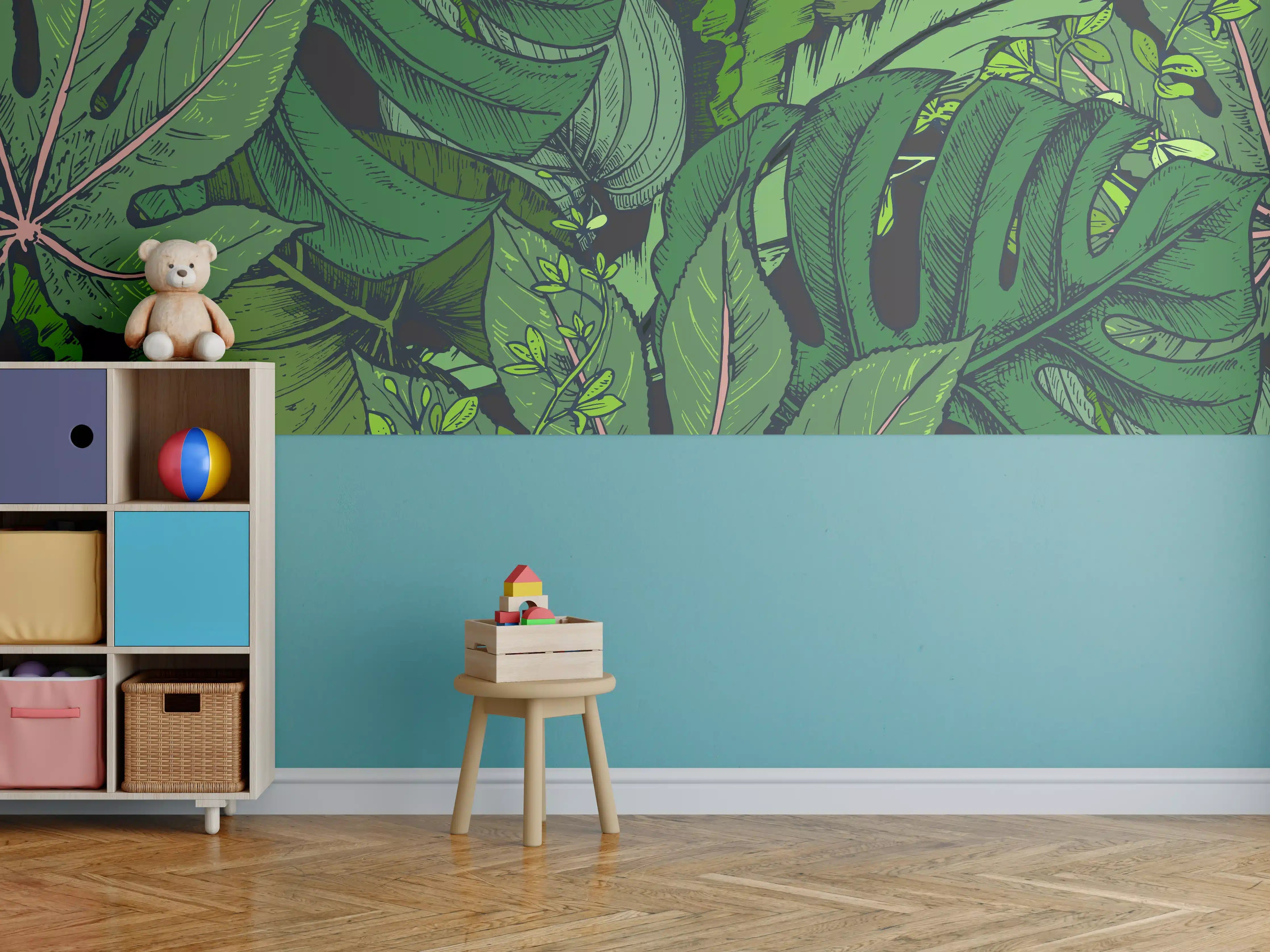 Kinderzimmer Wandgestaltung - Tropische Monstera-Blätter Grün