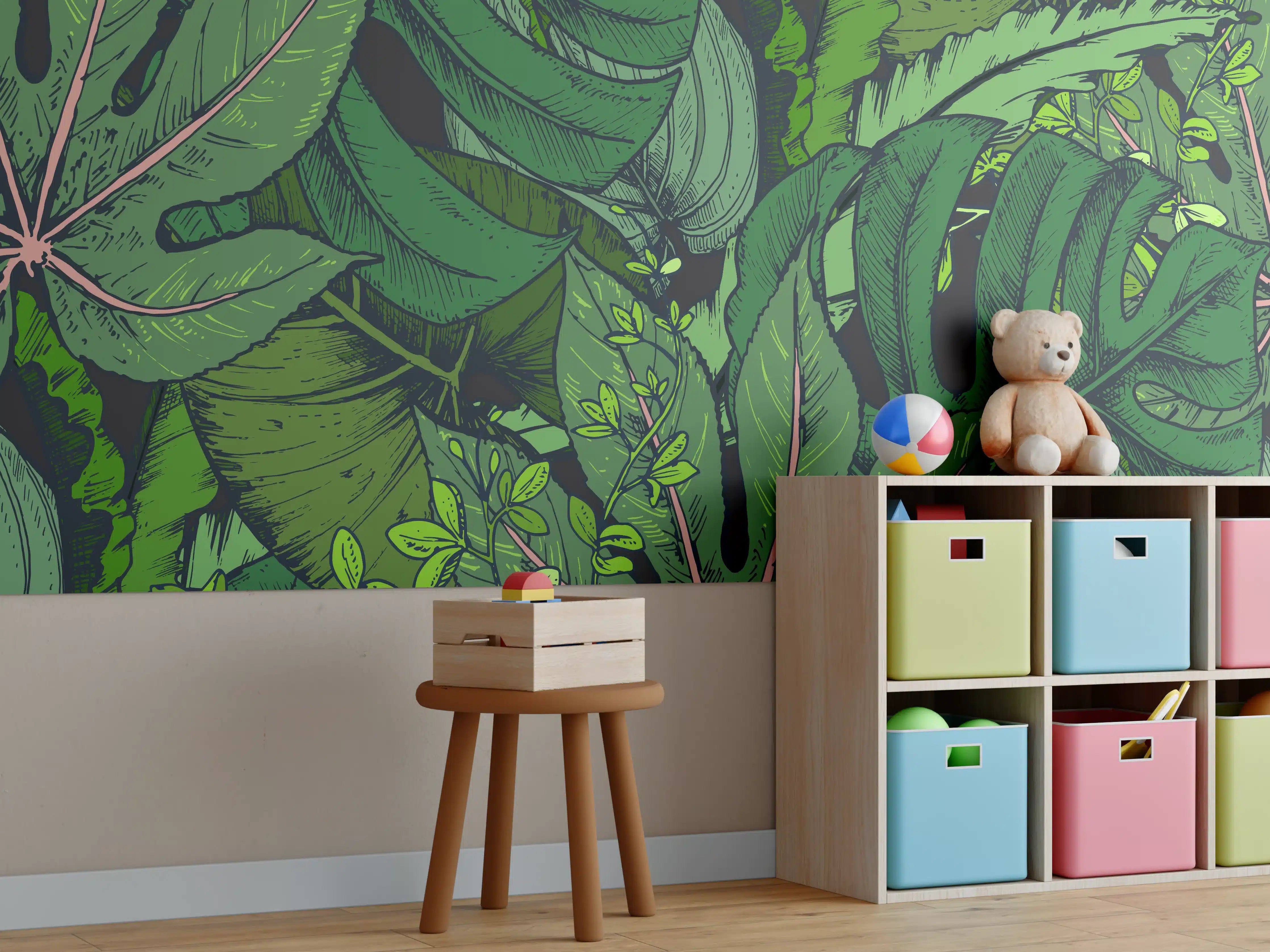 Kinderzimmer Wandgestaltung - Tropische Monstera-Blätter Grün