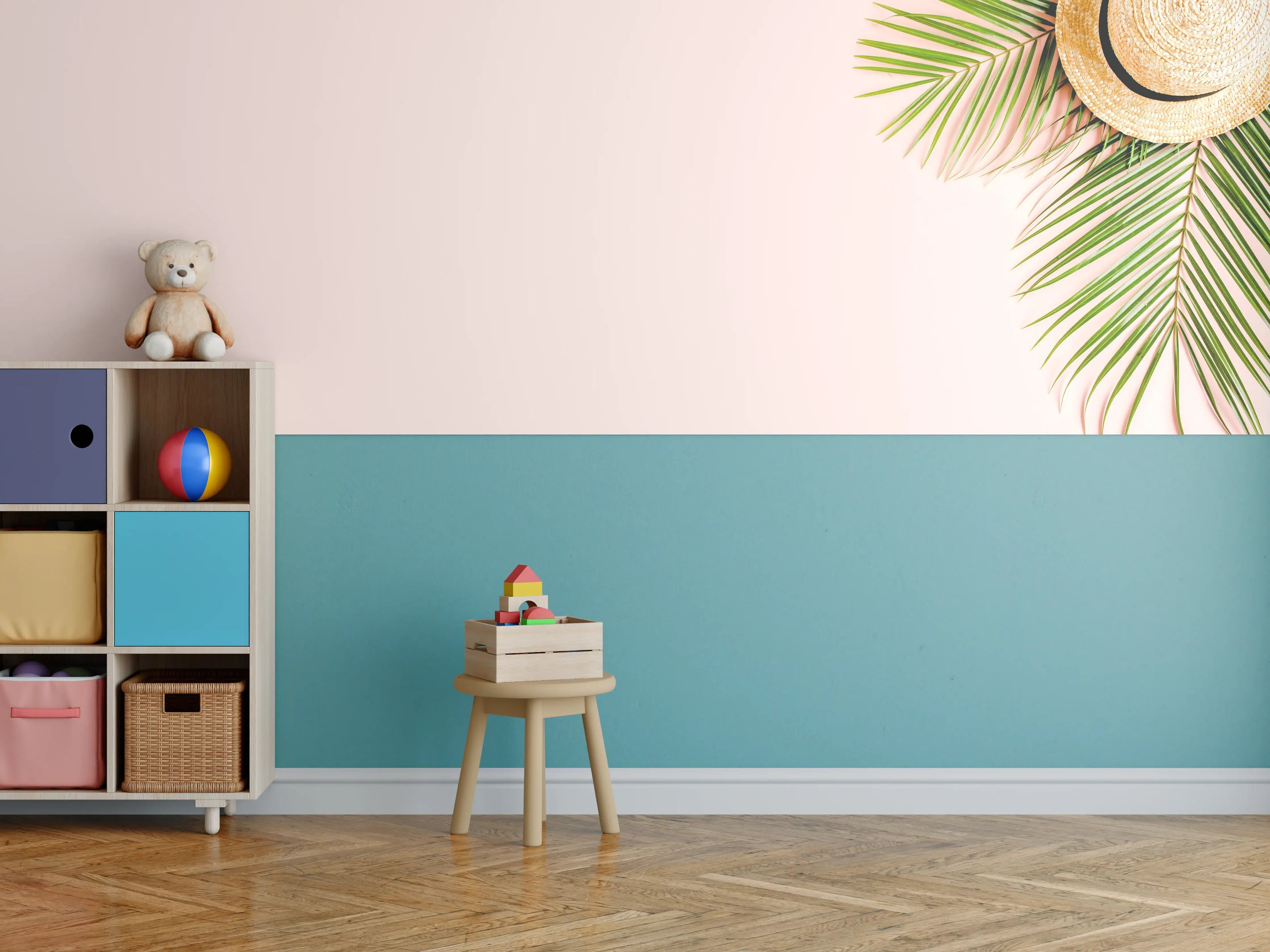 Kinderzimmer Wandgestaltung - Tropische Palmenblätter mit Strohhut