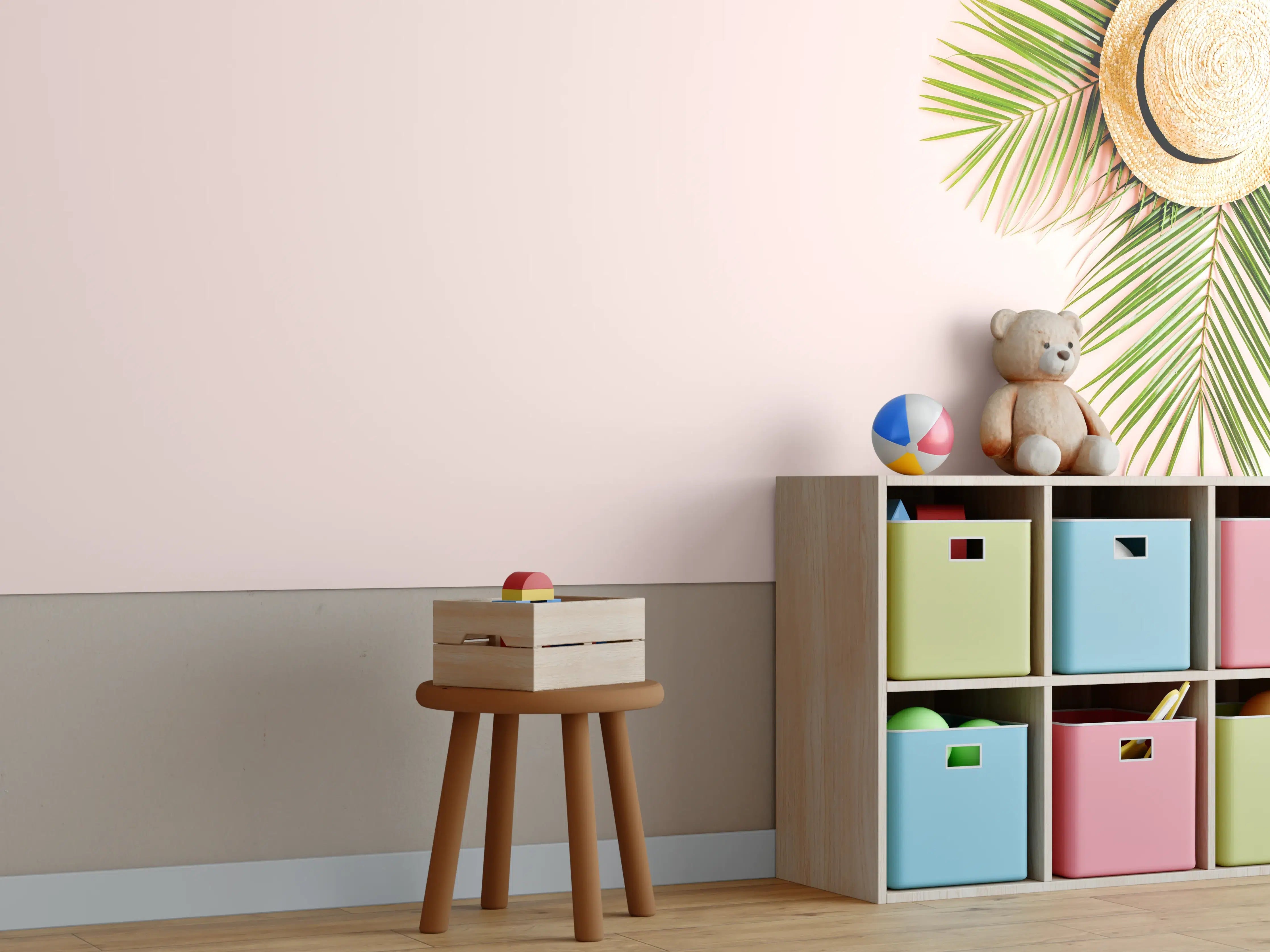 Kinderzimmer Wandgestaltung - Tropische Palmenblätter mit Strohhut
