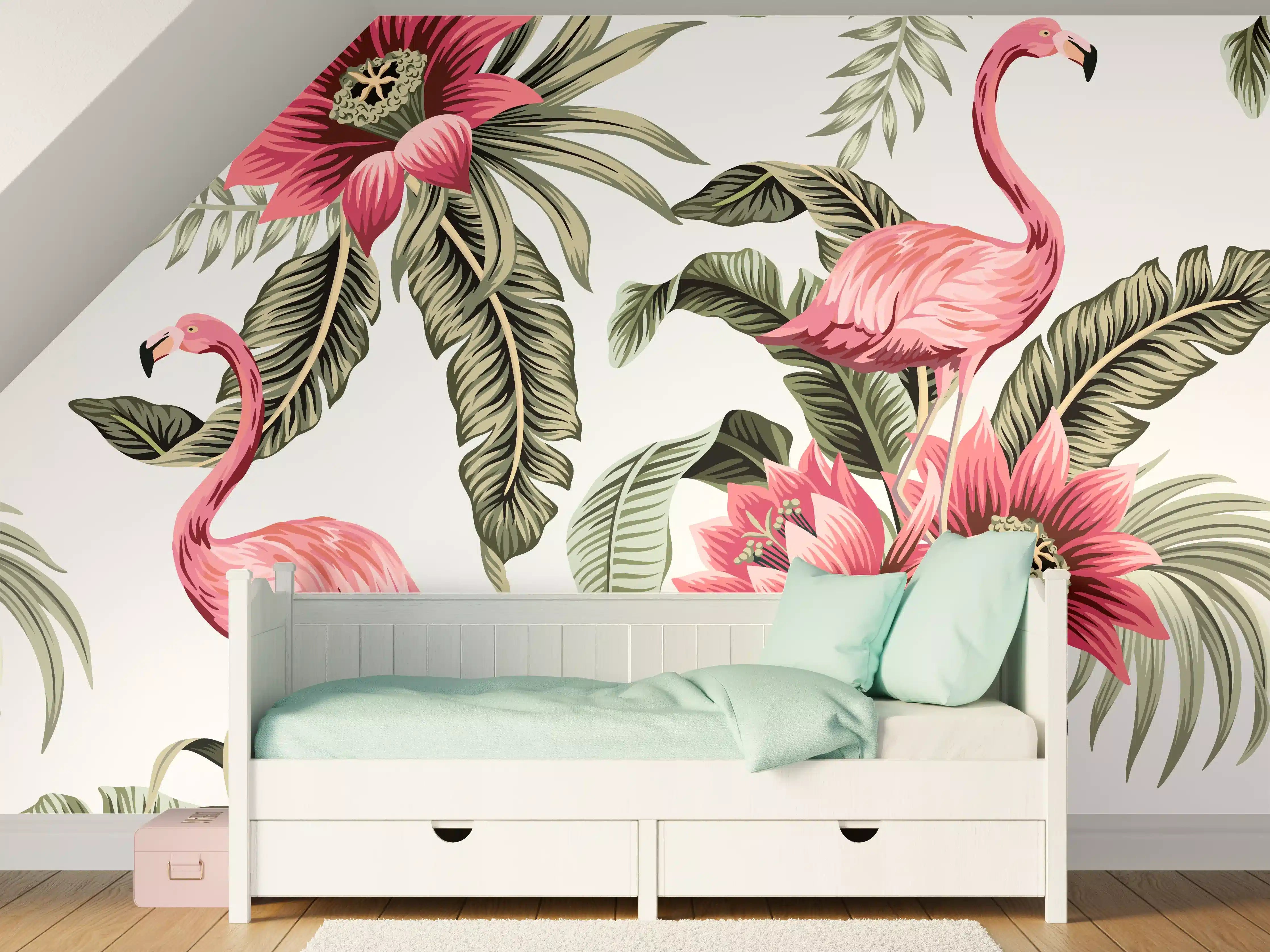 Kinderzimmer Wandgestaltung - Tropischer Flamingo-Blumen-Print