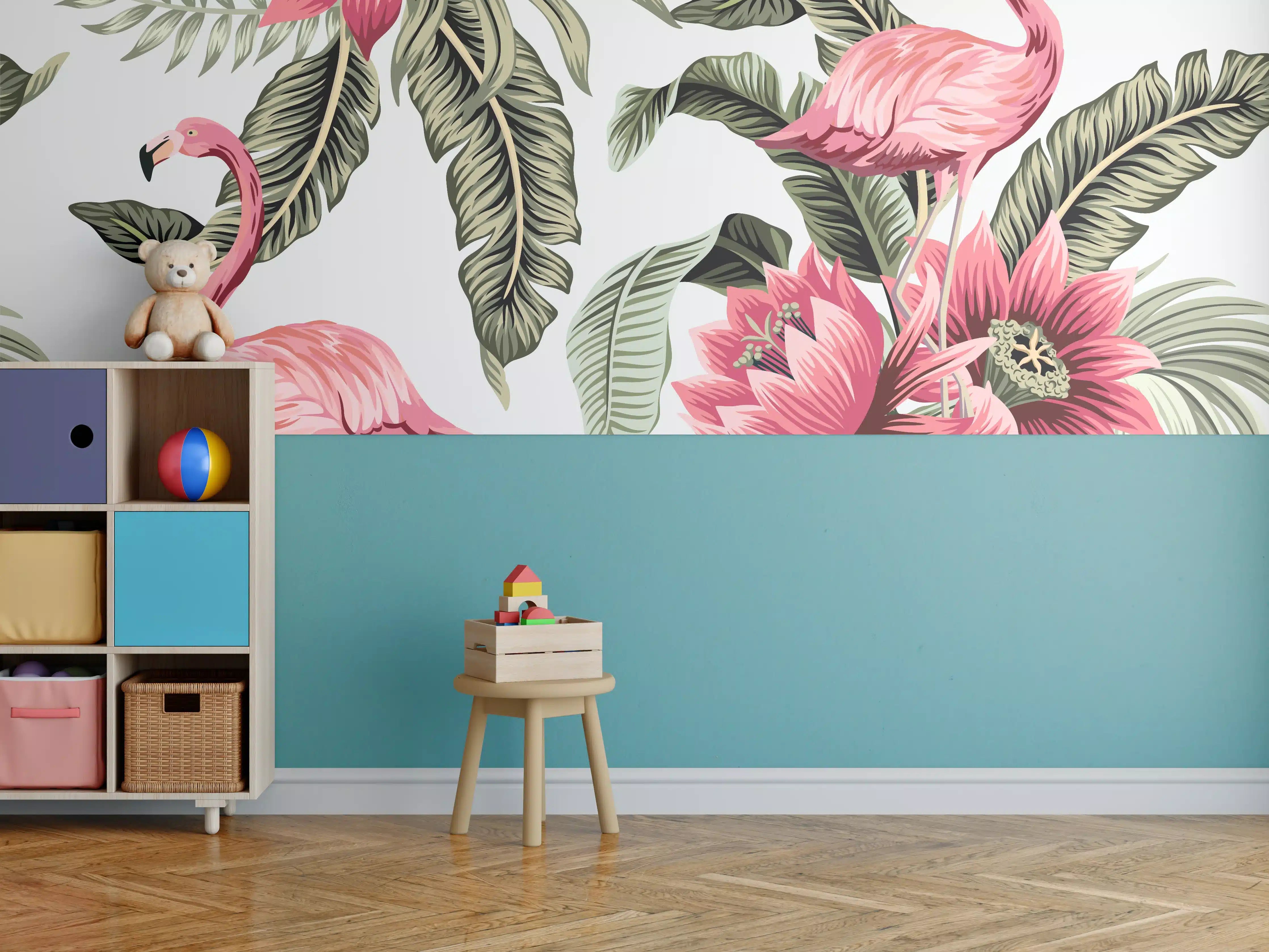 Kinderzimmer Wandgestaltung - Tropischer Flamingo-Blumen-Print